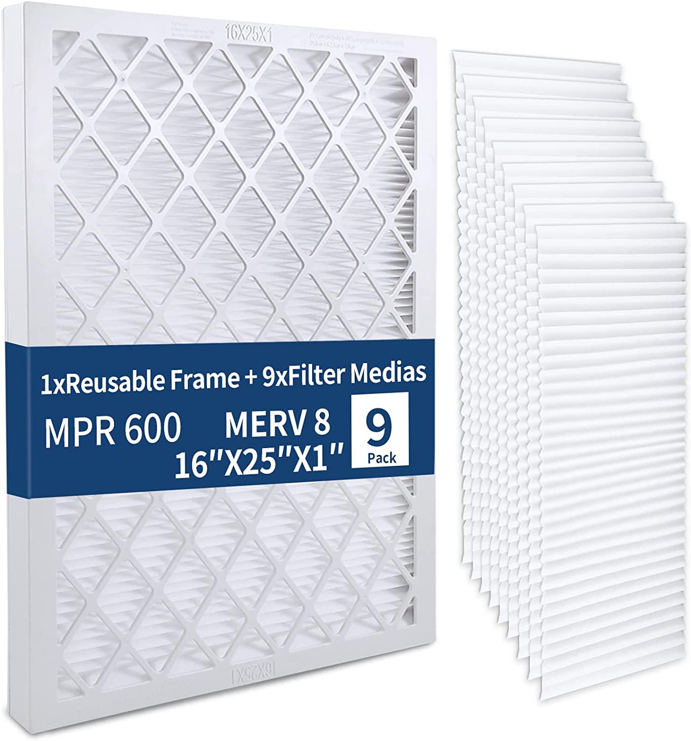 RENR Air Filter16x25x1， 9-Pack MERV8 MPR 600 AC Furnace Air Filters， 1x Reusable Frame+9 x Filter Medias， HVAC Filters， Deep Pleated Air Cleaner， Breathe Safer Home and Office Environments