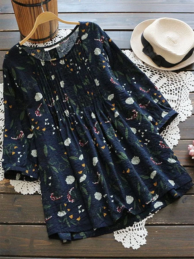 Women's Cotton Linen Print Crew Neck Loose Top