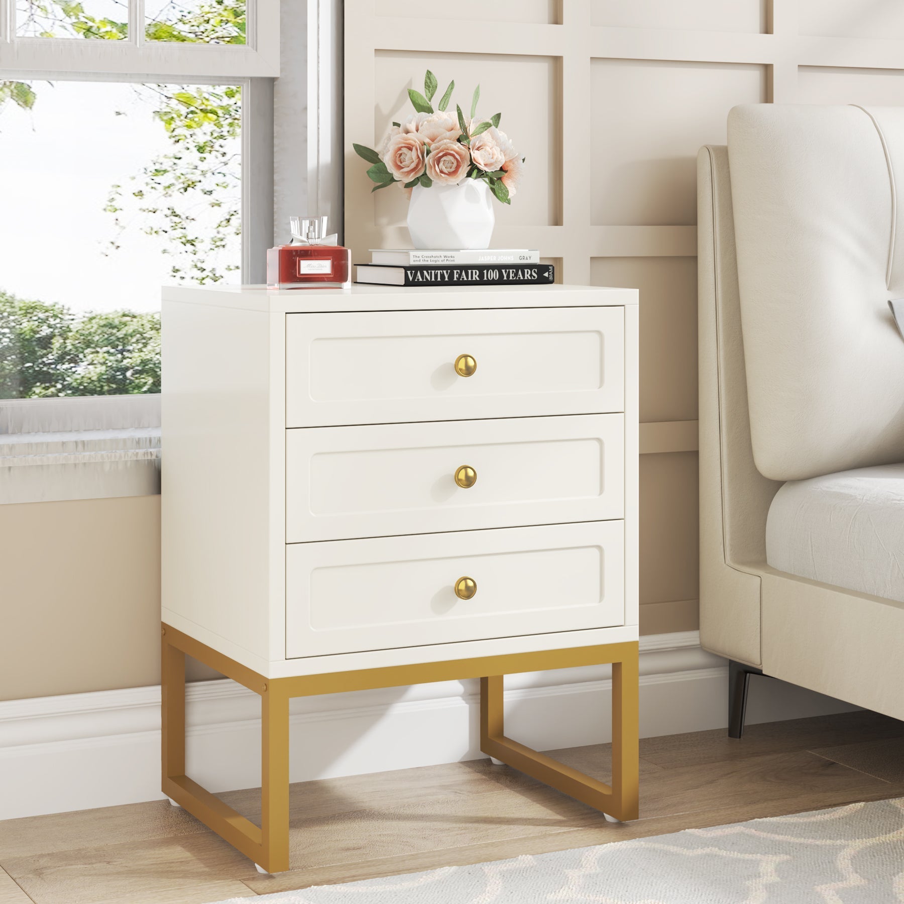 3-Drawer Nightstand, Modern Bedside End Table with with Metal Legs