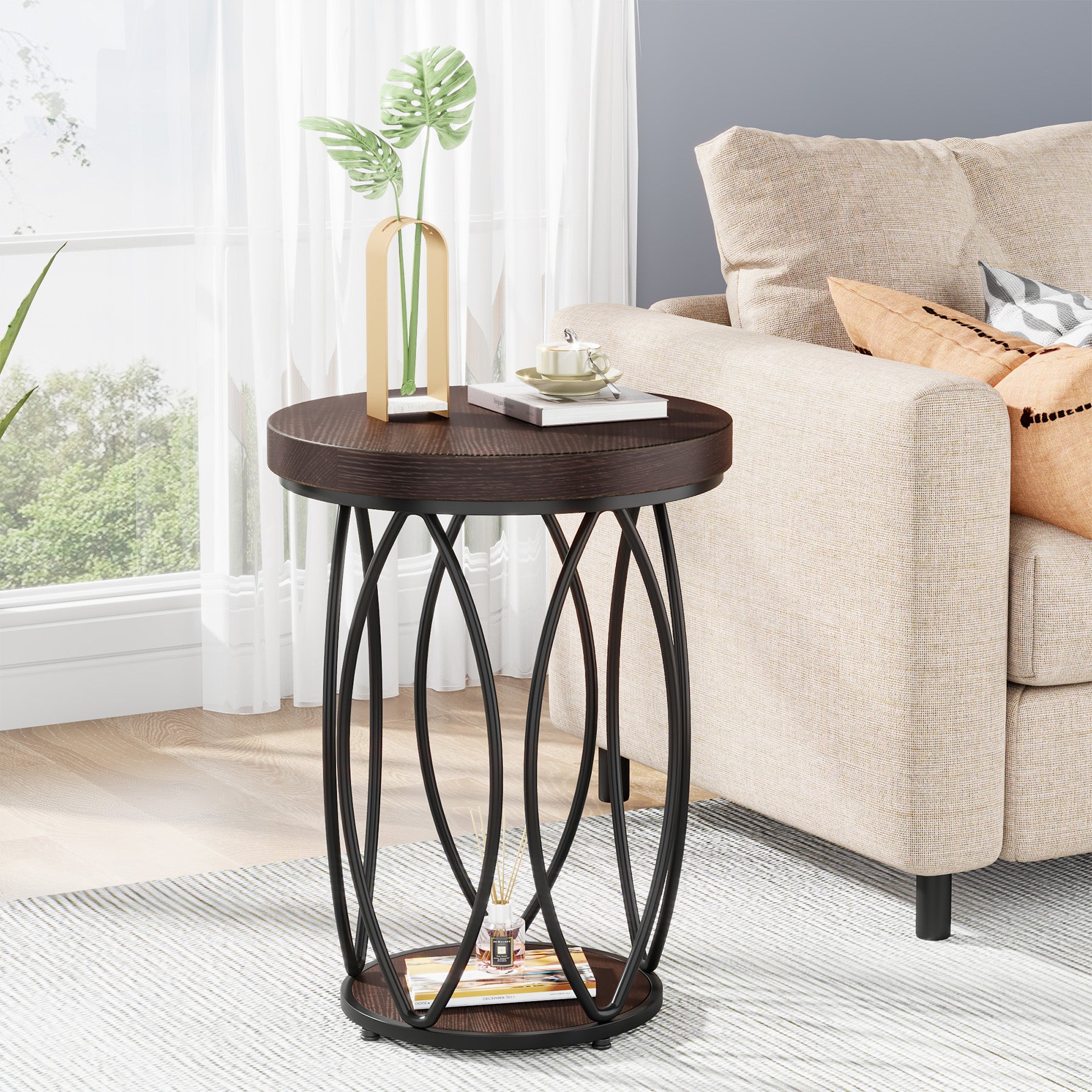 Round End Table, Industrial Accent Side Table with Storage Shelf