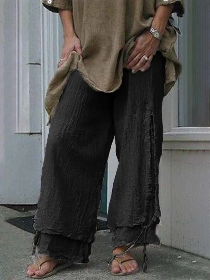 Women's Cotton and Linen Double Drawstring Wide Leg Pants