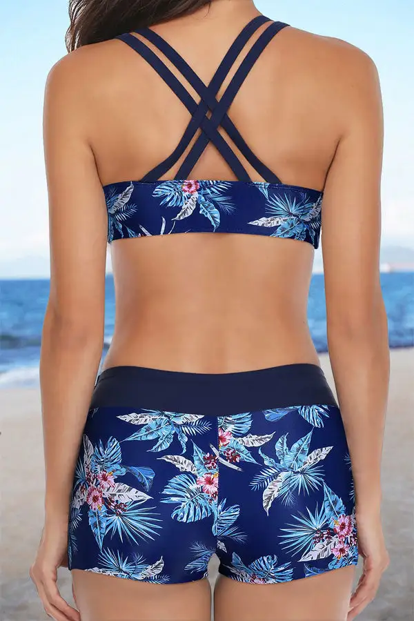 Galaxy Blue Leaf 3 Piece Swim Tank Top with Shorts and Bra Modest