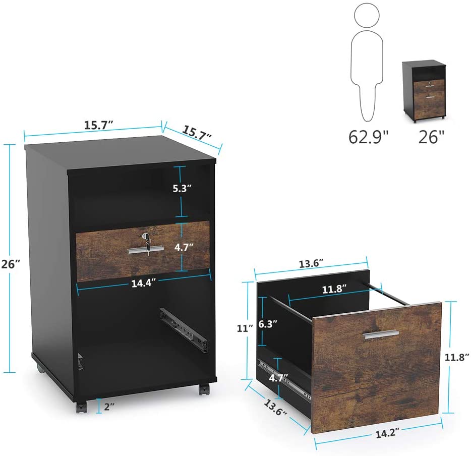 2-Drawer File Cabinet Mobile Printer Stand with Lock