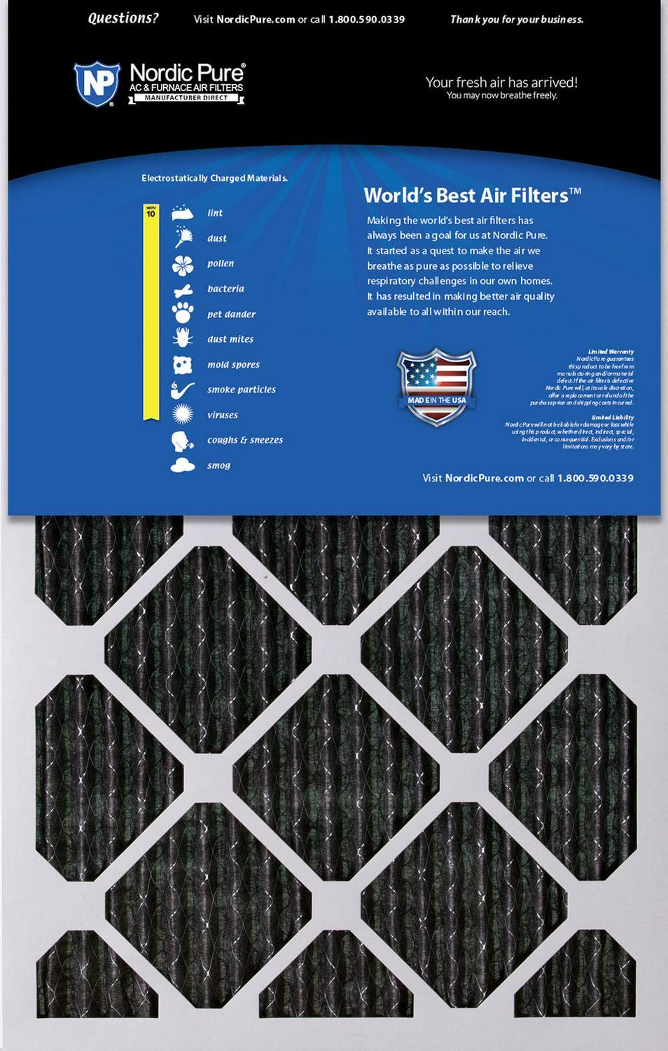 16x25x1 (15_1/2x24_1/2) Furnace Air Filters MERV 10 Pleated Plus Carbon 6 Pack