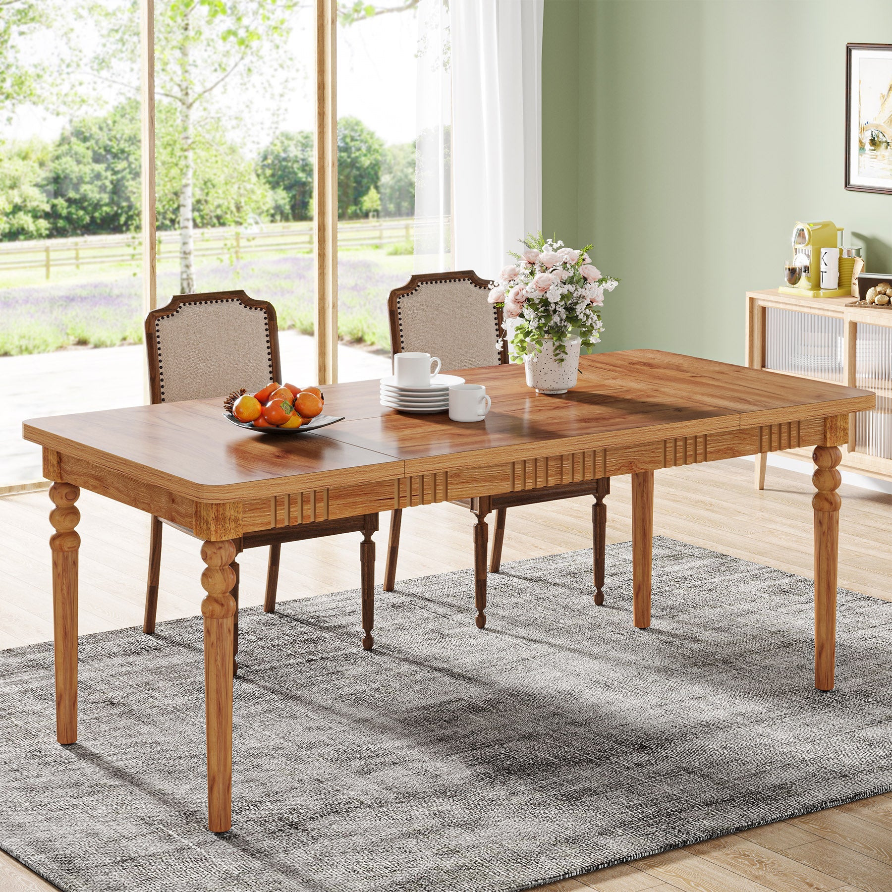 Farmhouse Dining Table for 4-6 People, Kitchen Table with Solid Wood Turned Legs