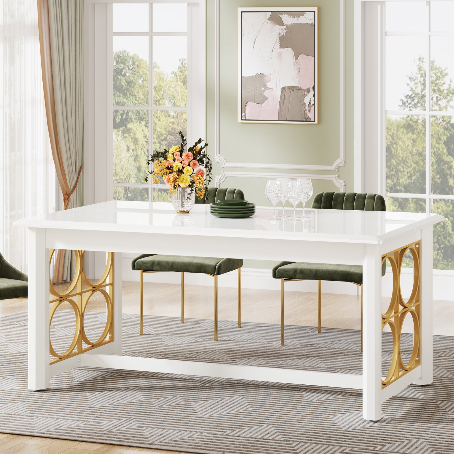 63” Dining Table with Gold Metal & Glossy Surface for 4-6 People