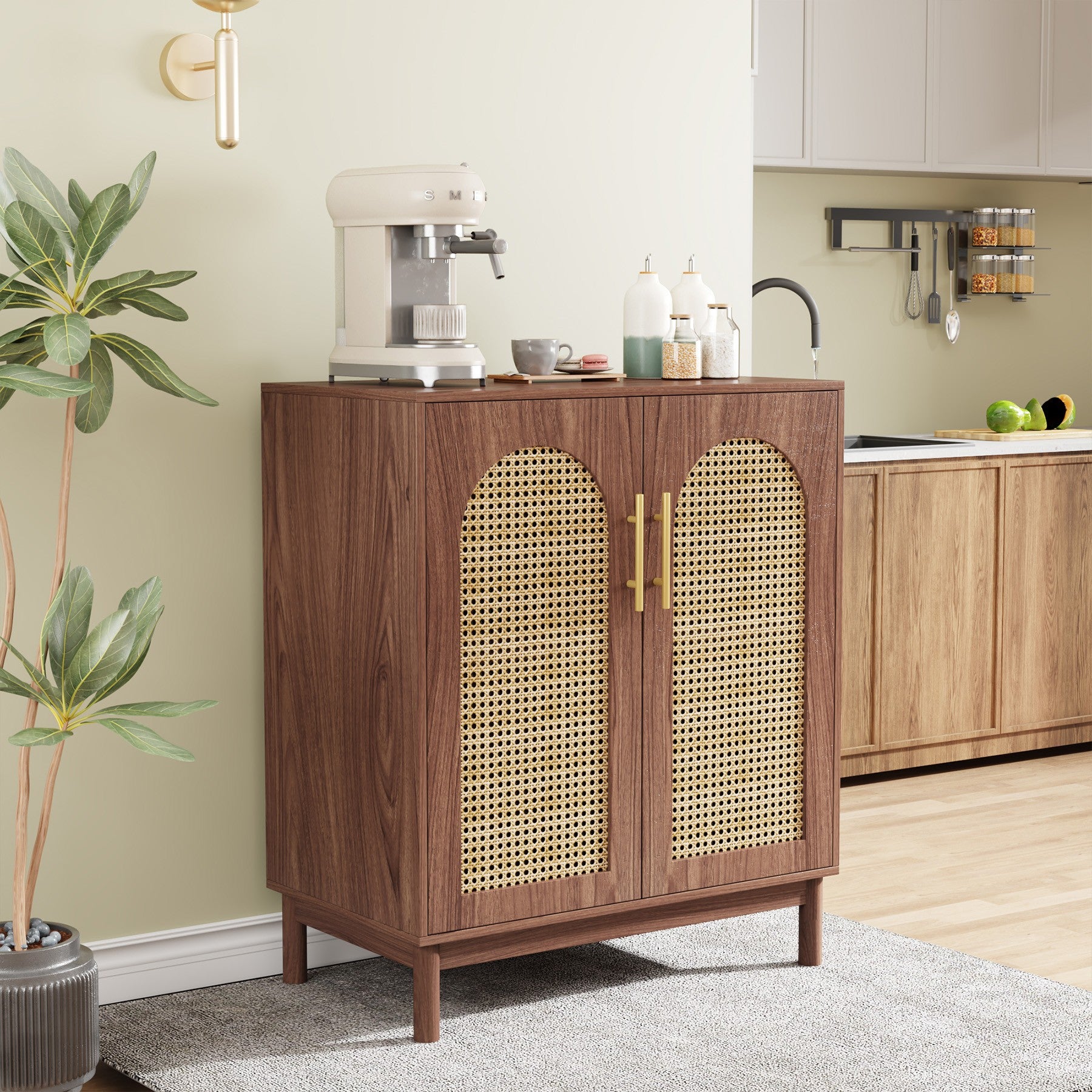 Sideboard Buffet Set of 2, Accent Rattan Storage Cabinet with Doors