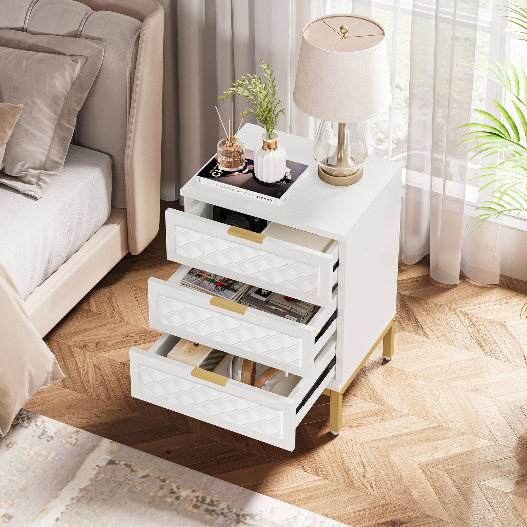 3-Drawer Nightstand, Modern Beside Table End Table with Golden Legs