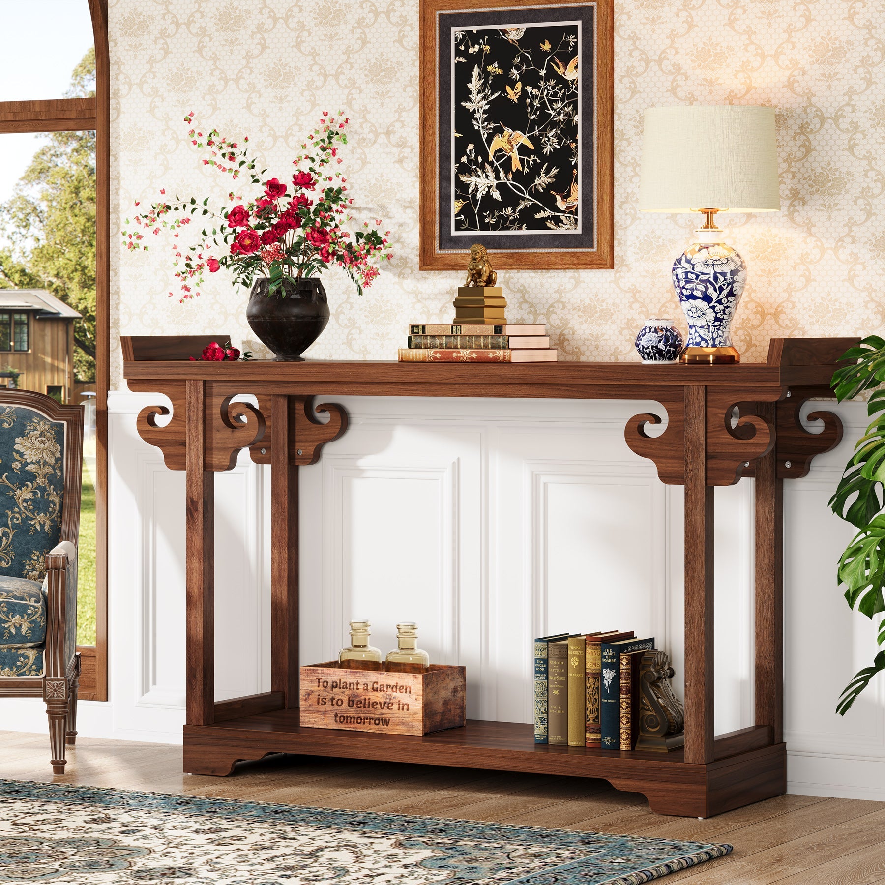 55 Inches Console Table, Farmhouse Sofa Table with 2-Tier Storage Shelves