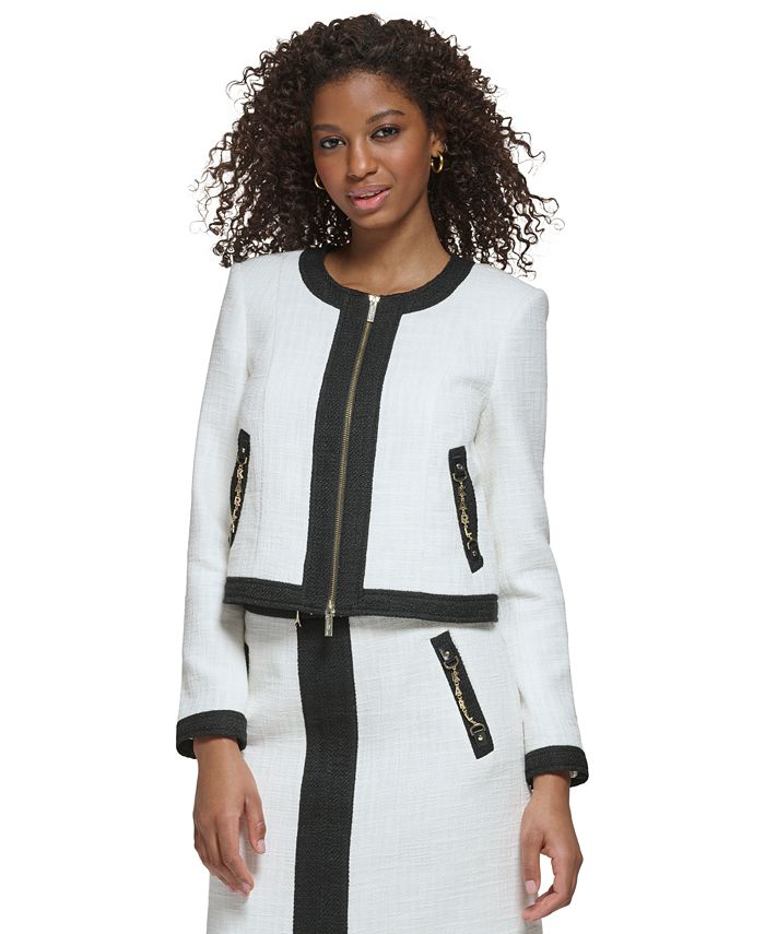 Women's Colorblocked Tweed Chain Cropped Jacket