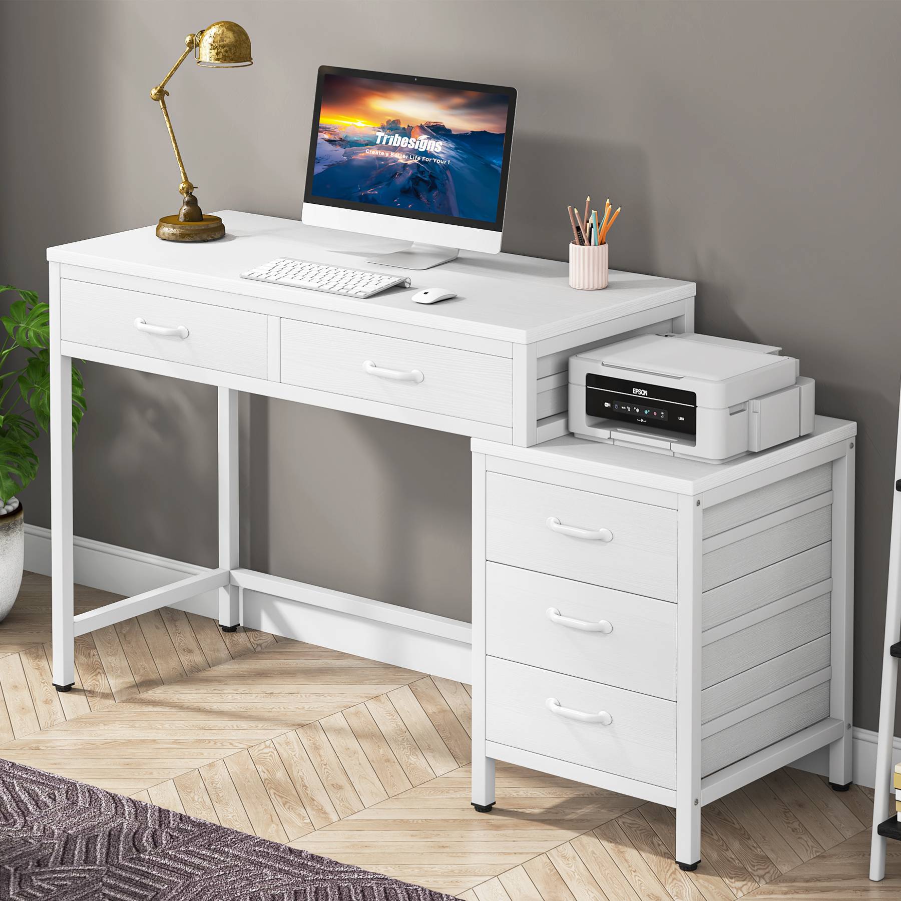 5-Drawer Computer Desk, Study Writing Table with Reversible Drawer Cabinet