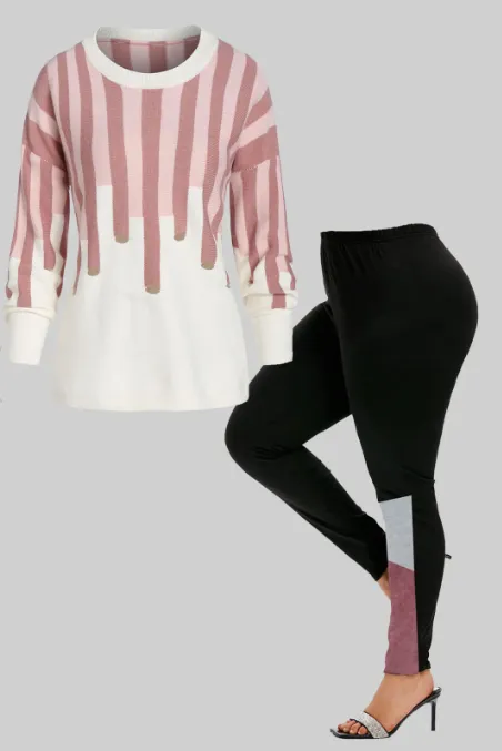 Drop Shoulder Stripes Sweater and Colorblock Leggings Plus Size Outfit