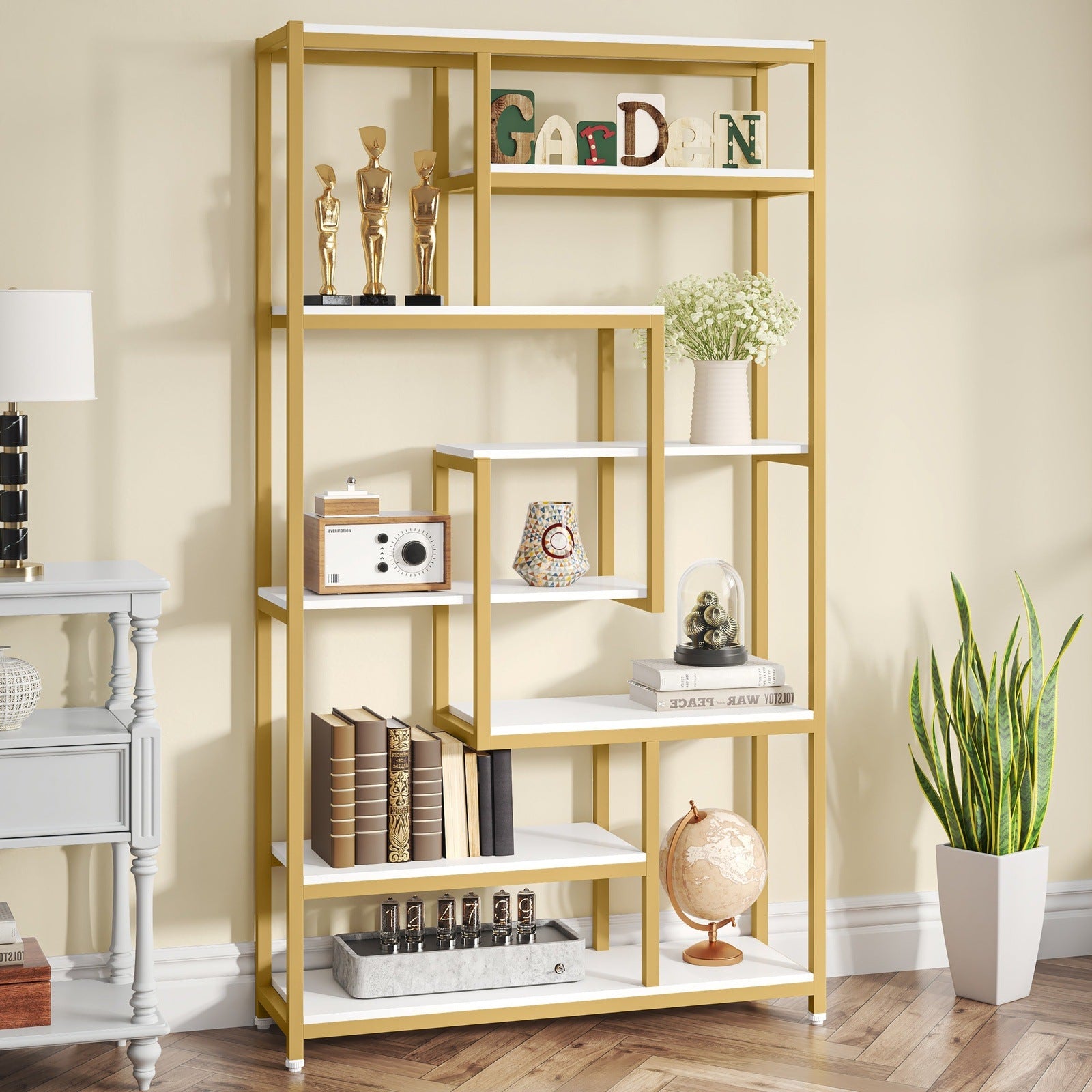 8-Shelf Staggered Bookshelf,  Industrial Etagere Bookcase