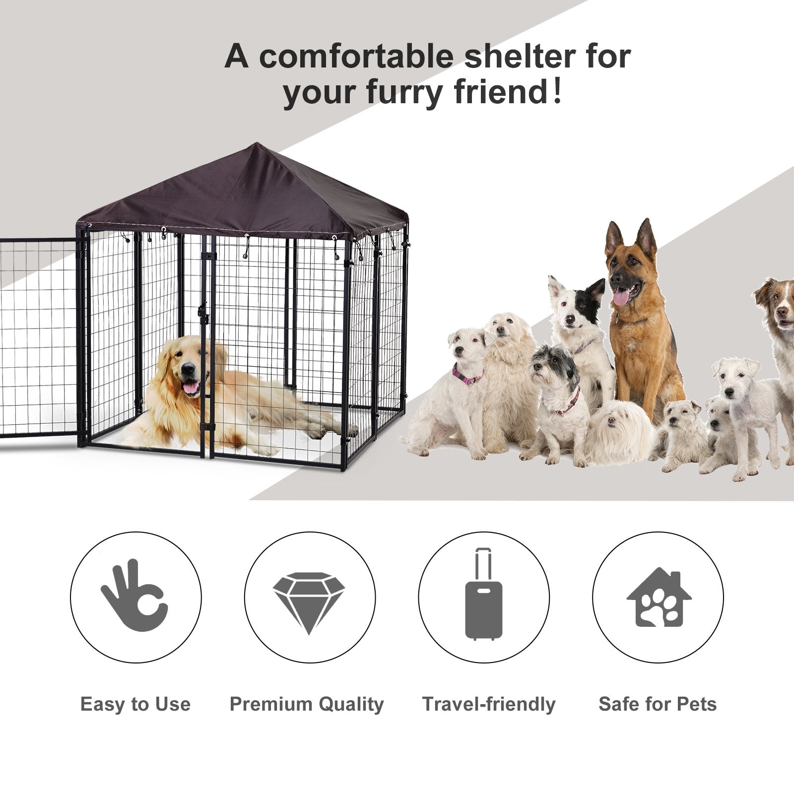 Carevas Large Lockable Outdoor Dog House Kennel with Water-resistant Roof for Small and Medium Sized Pets