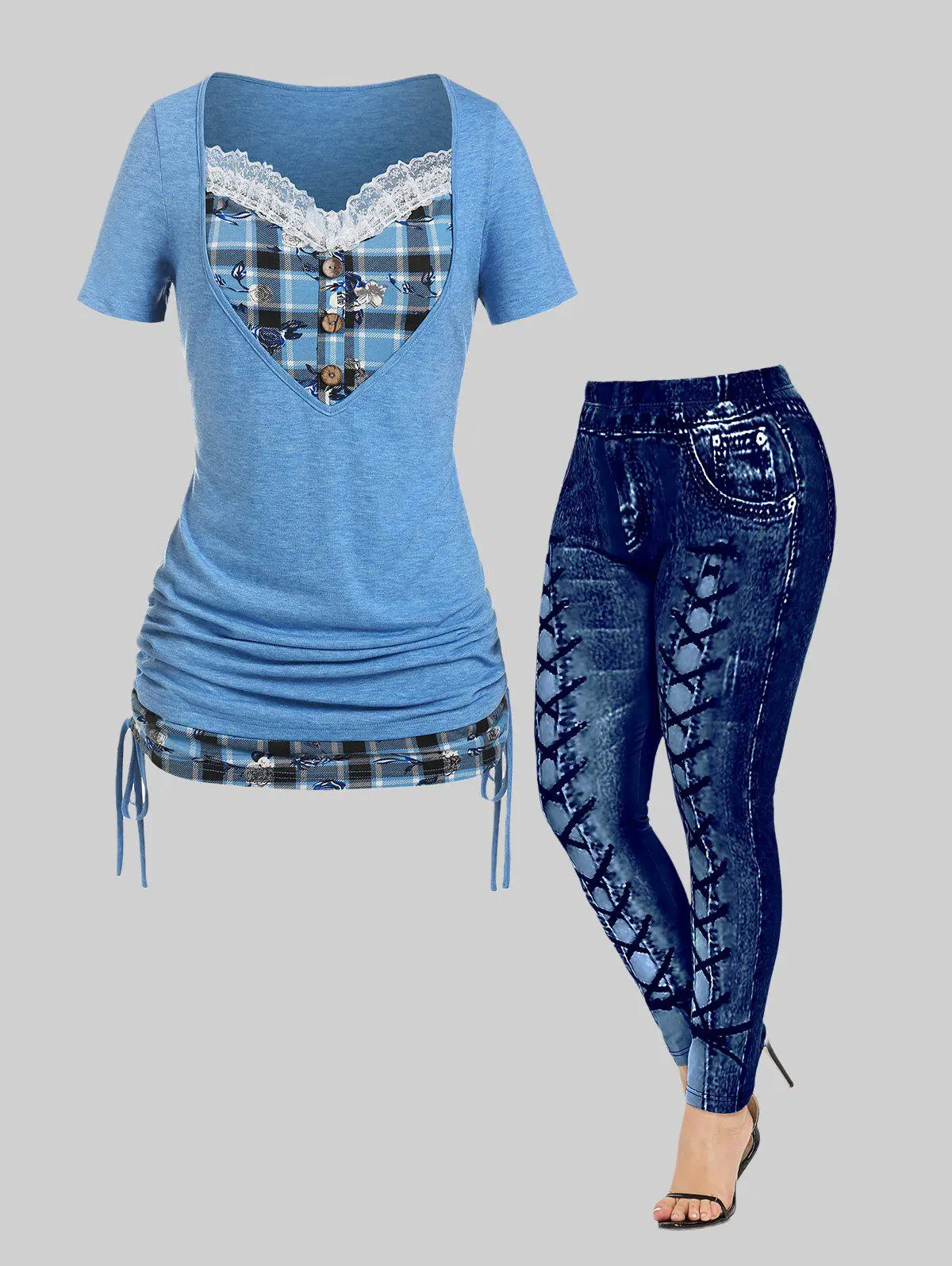 Plaid Cinched 2 in 1 Tee and 3D Printed Curve Leggings Plus Size Summer Outfit