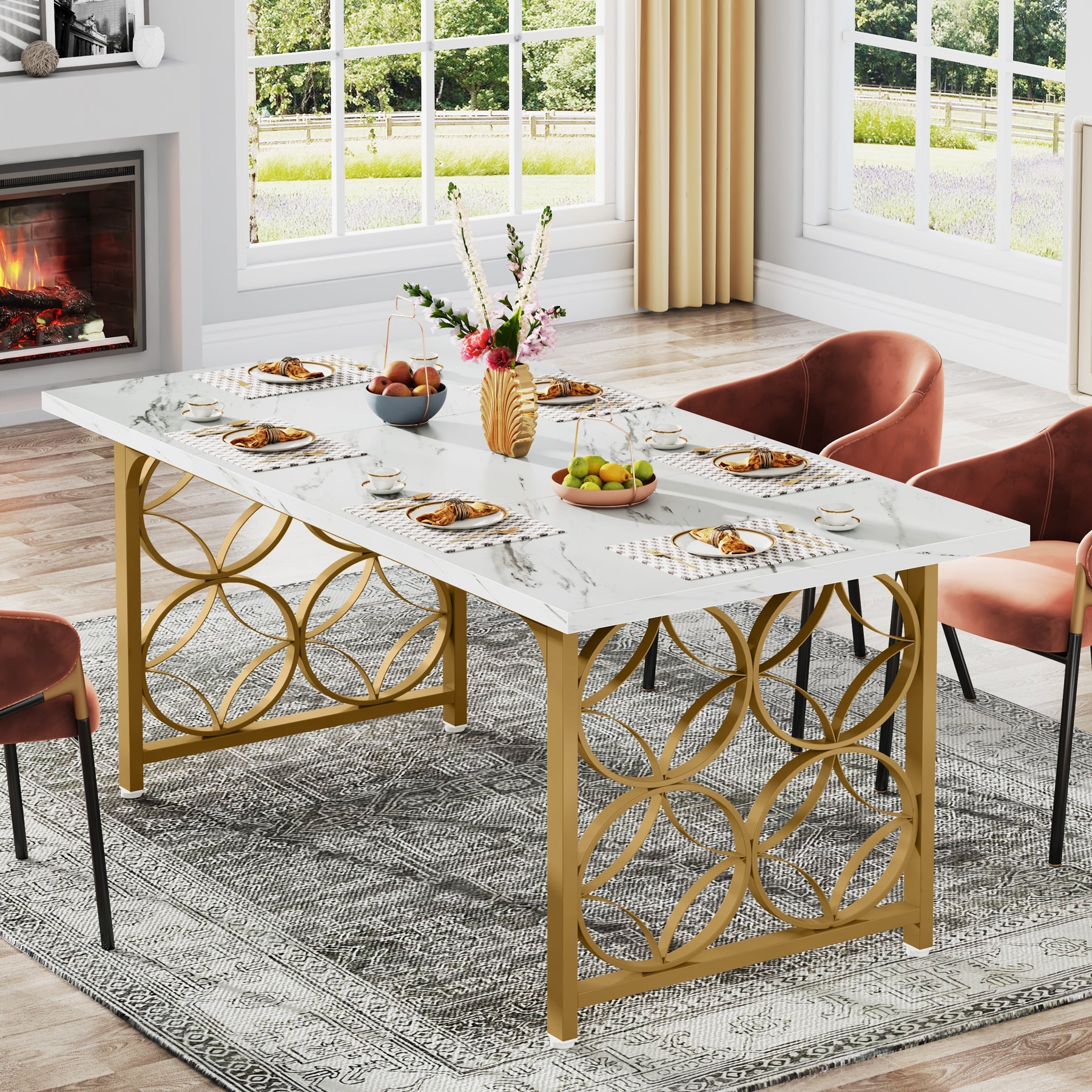 63-inch Dining Table, Modern Faux Marble Kitchen Table for 6 People