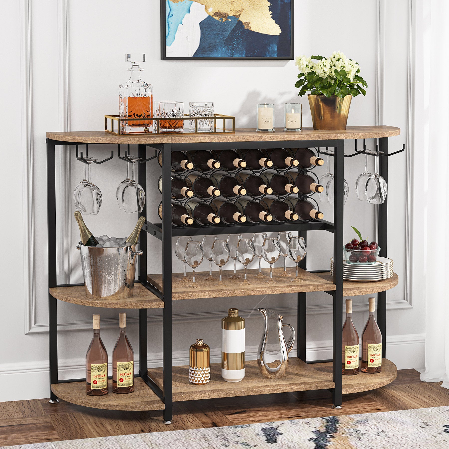 47 Inch Wine Rack, Freestanding Wine Bar Cabinet with Storage Shelves