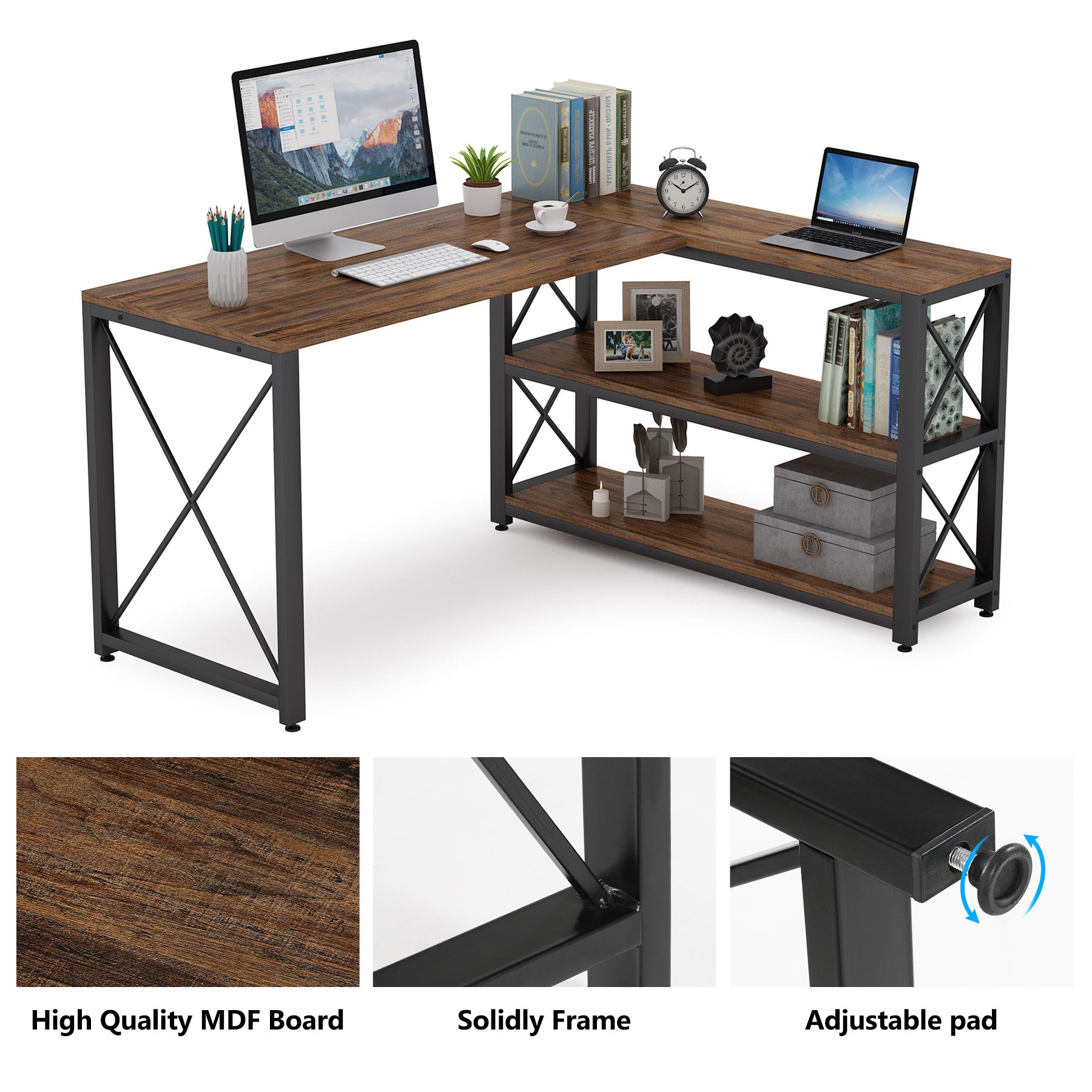 Reversible L-Shaped Desk, Corner Computer Desk with Shelves