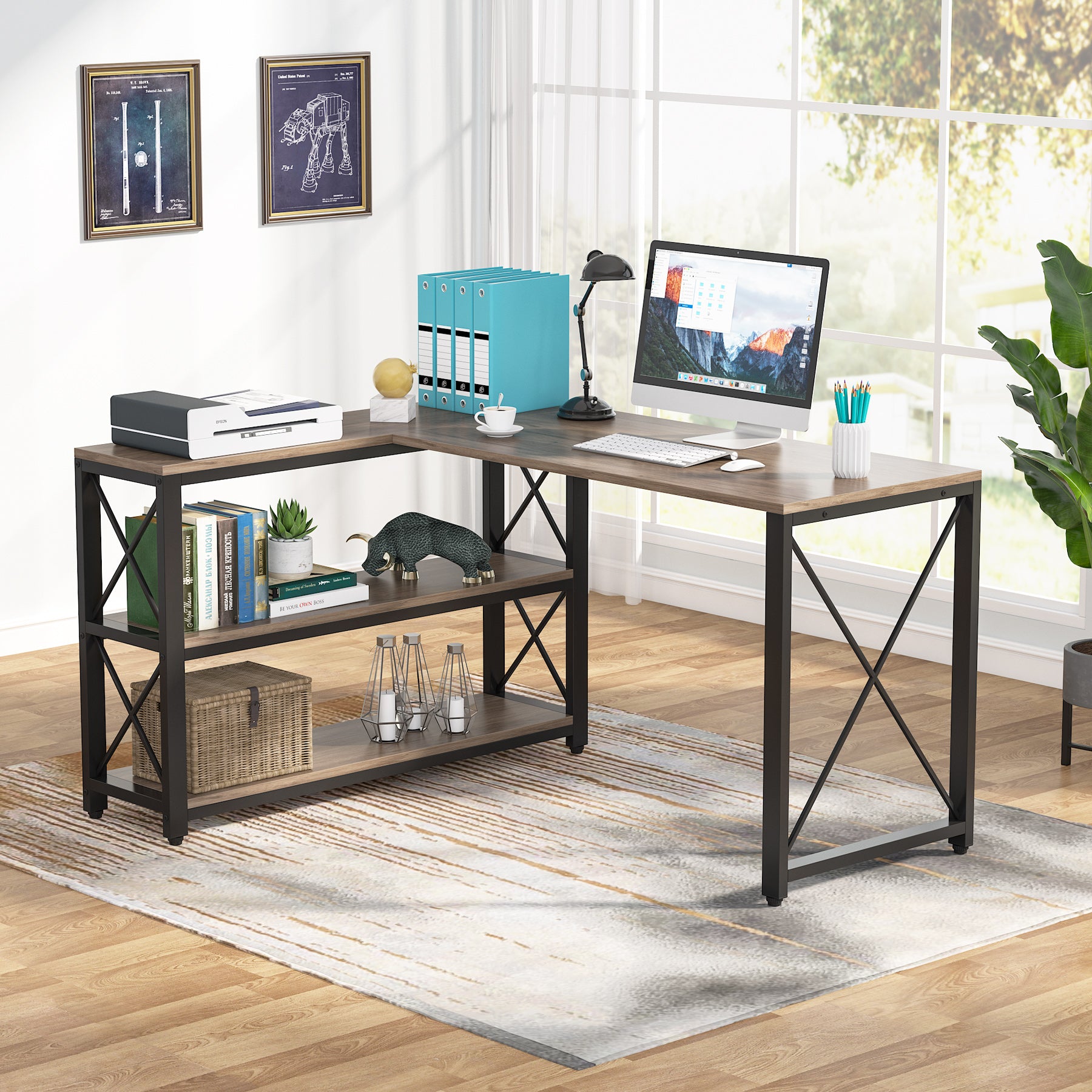 Reversible L-Shaped Desk, Corner Computer Desk with Shelves