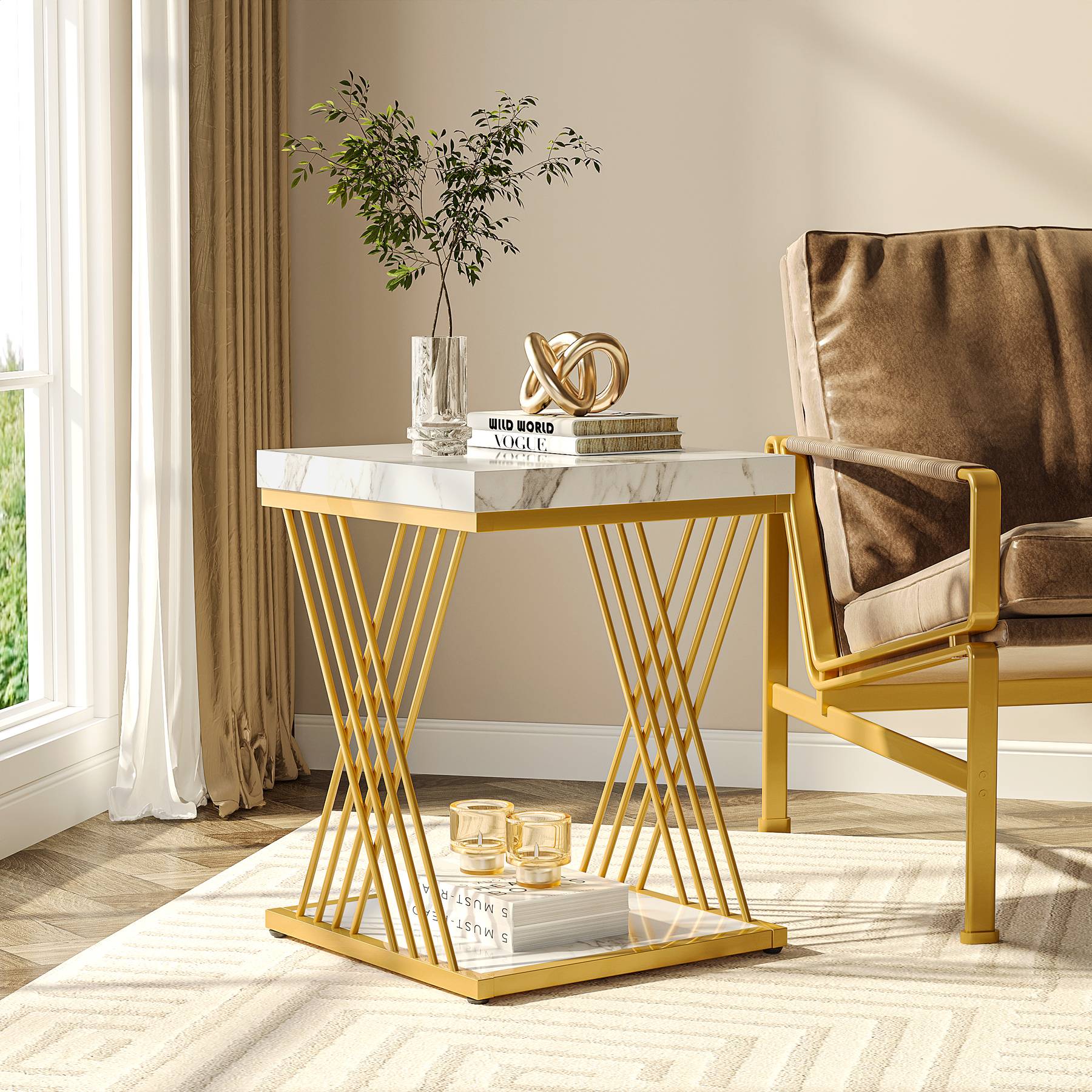 Square End Table, 2-Tier Side Table Modern Bedside Table