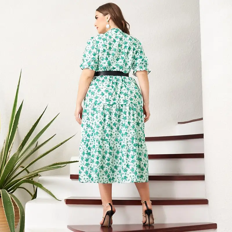 MAI&FUN Summer Women Midi Dress Plus Size Casual Holiday Green Floral Print Latern Short Sleeve Belt Buttons White Sweet Dresses