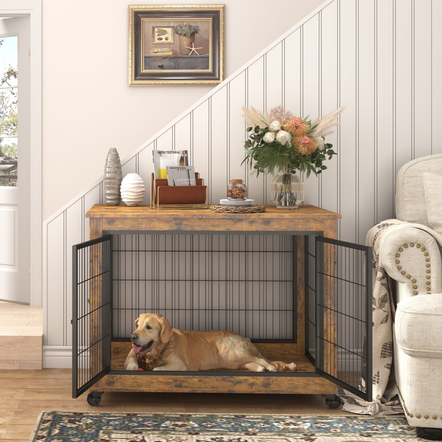 BATE Dog Crate for Small Medium Dogs， Furniture-Style Dog Kennel Cages with Wheels， Brown