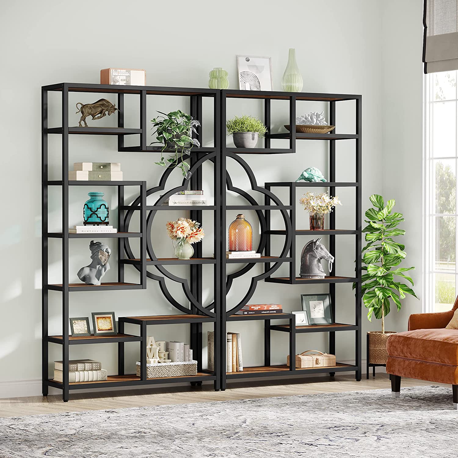 Industrial  Bookshelf, 11-Shelves Staggered Etagere 75” Tall Bookcase