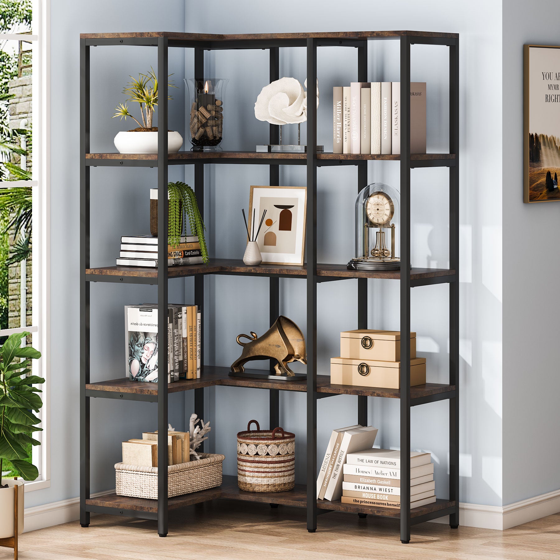 5-Shelf Corner Bookshelf, Reversible L-shaped Corner Etagere Bookcase