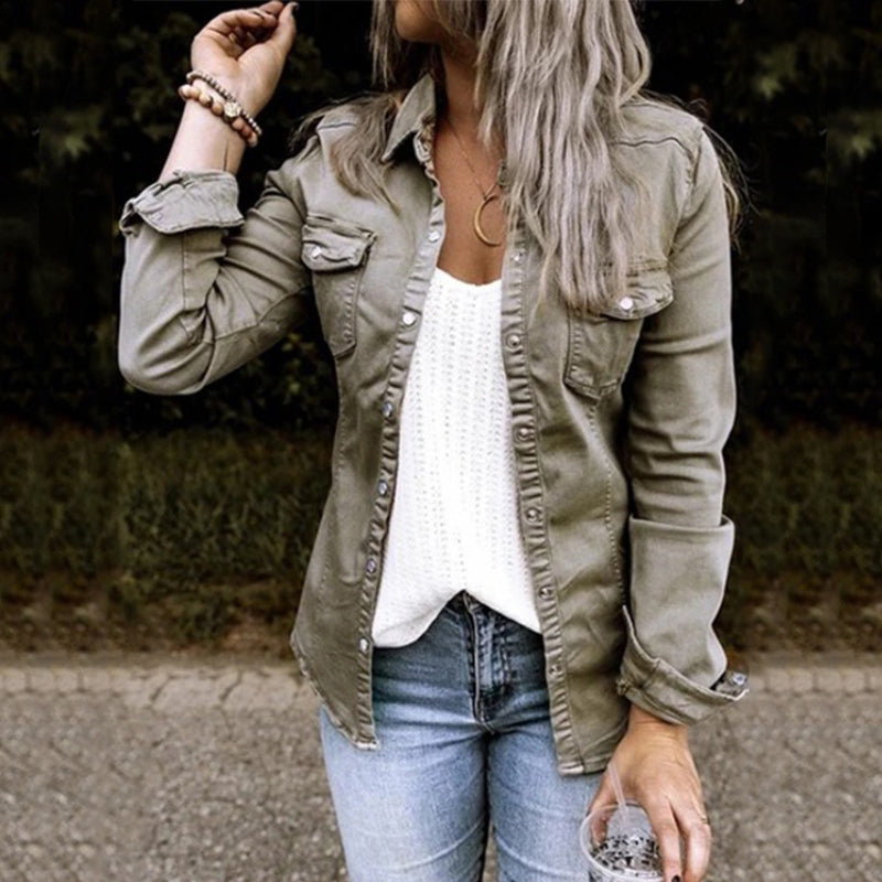 Solid Color Lapel Neck Pleated Denim Jacket