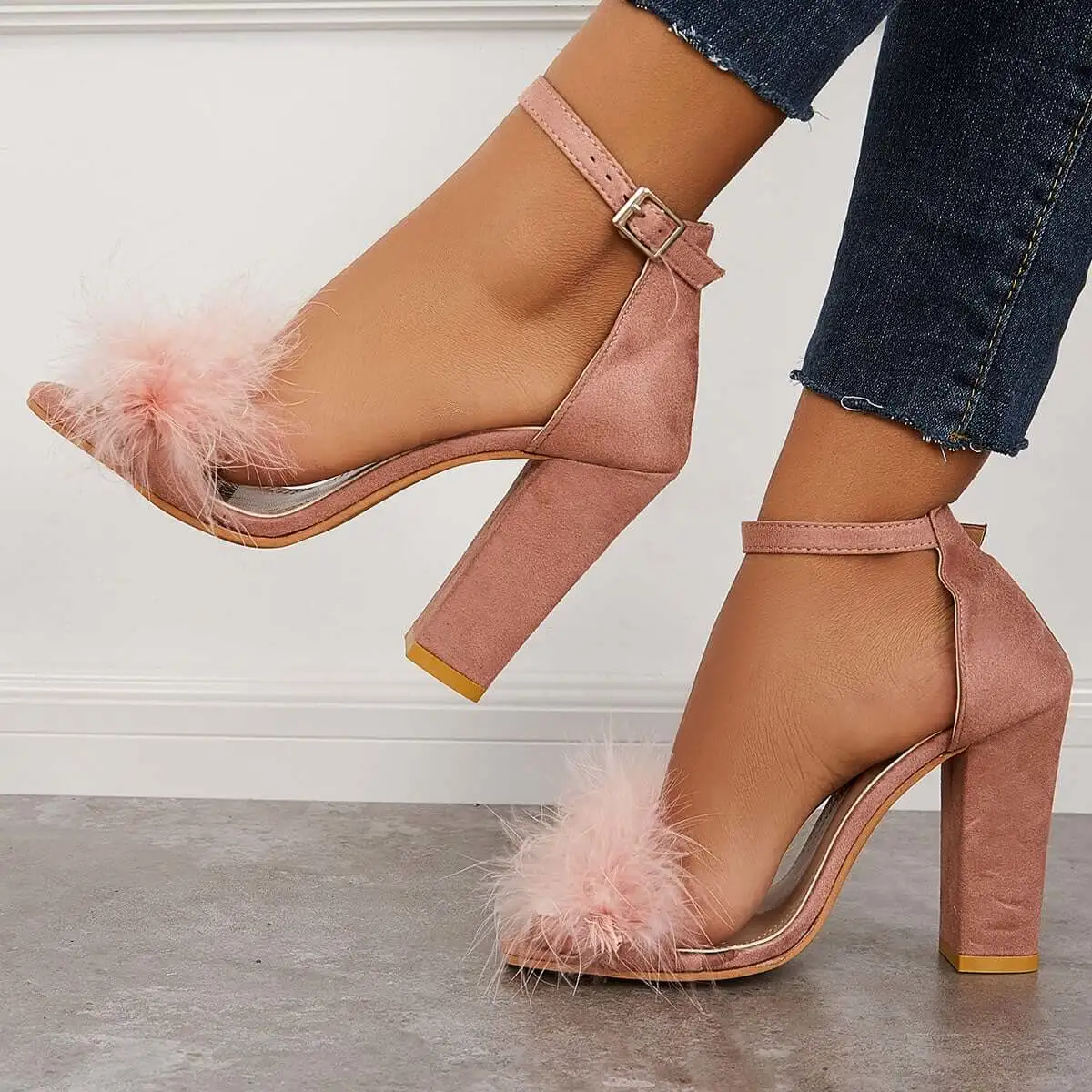 Fluffy Chunky Block High Heel Sandals Ankle Strap Dress Pumps