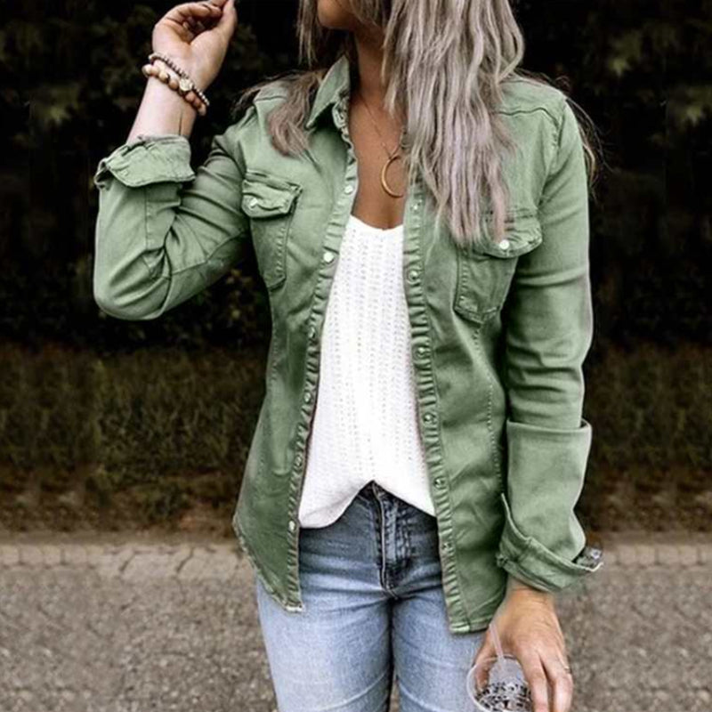 Solid Color Lapel Neck Pleated Denim Jacket