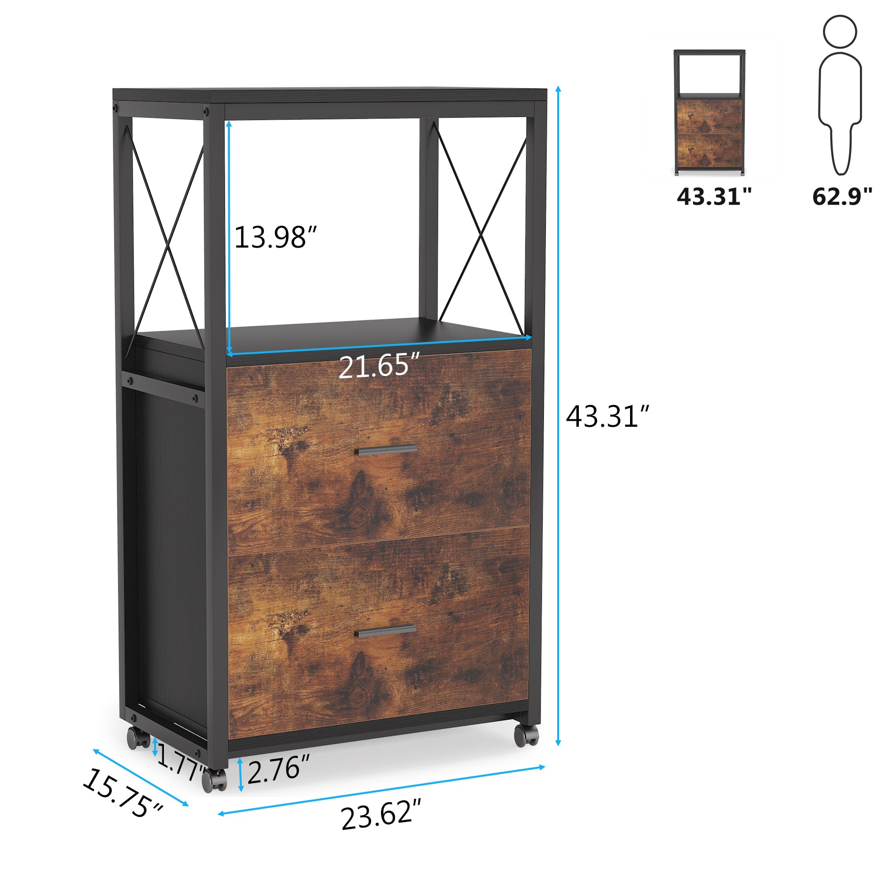 2-Drawer File Cabinet, Rolling Vertical Filing Cabinet for Legal Size