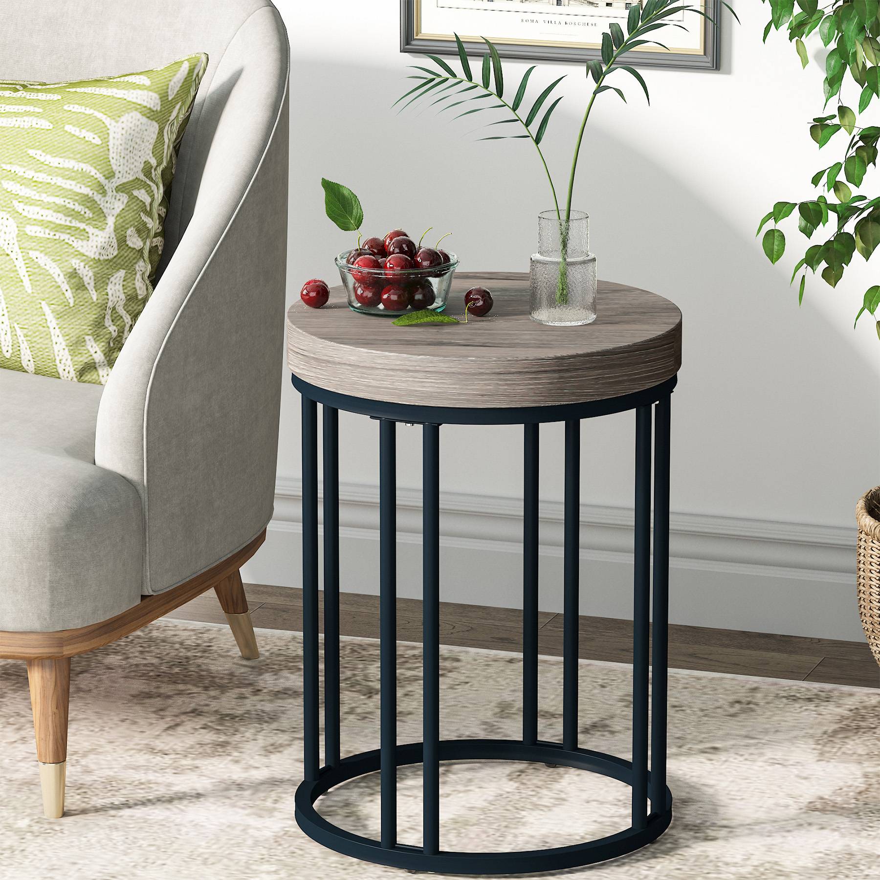 Round End Table, Small Accent Side Table with Metal Frame