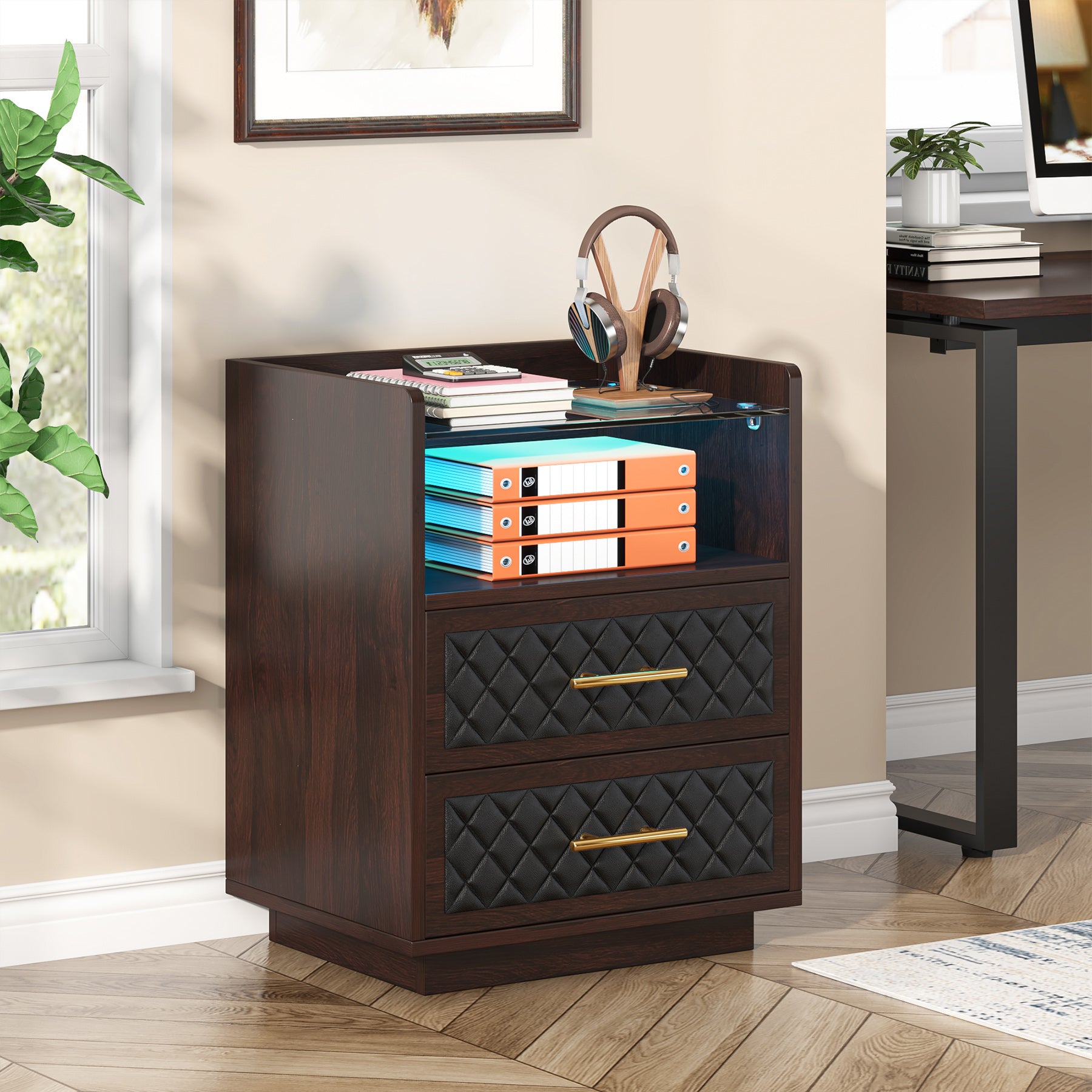 2 Drawers Nightstand Beside Table with LED Lights and Shelves