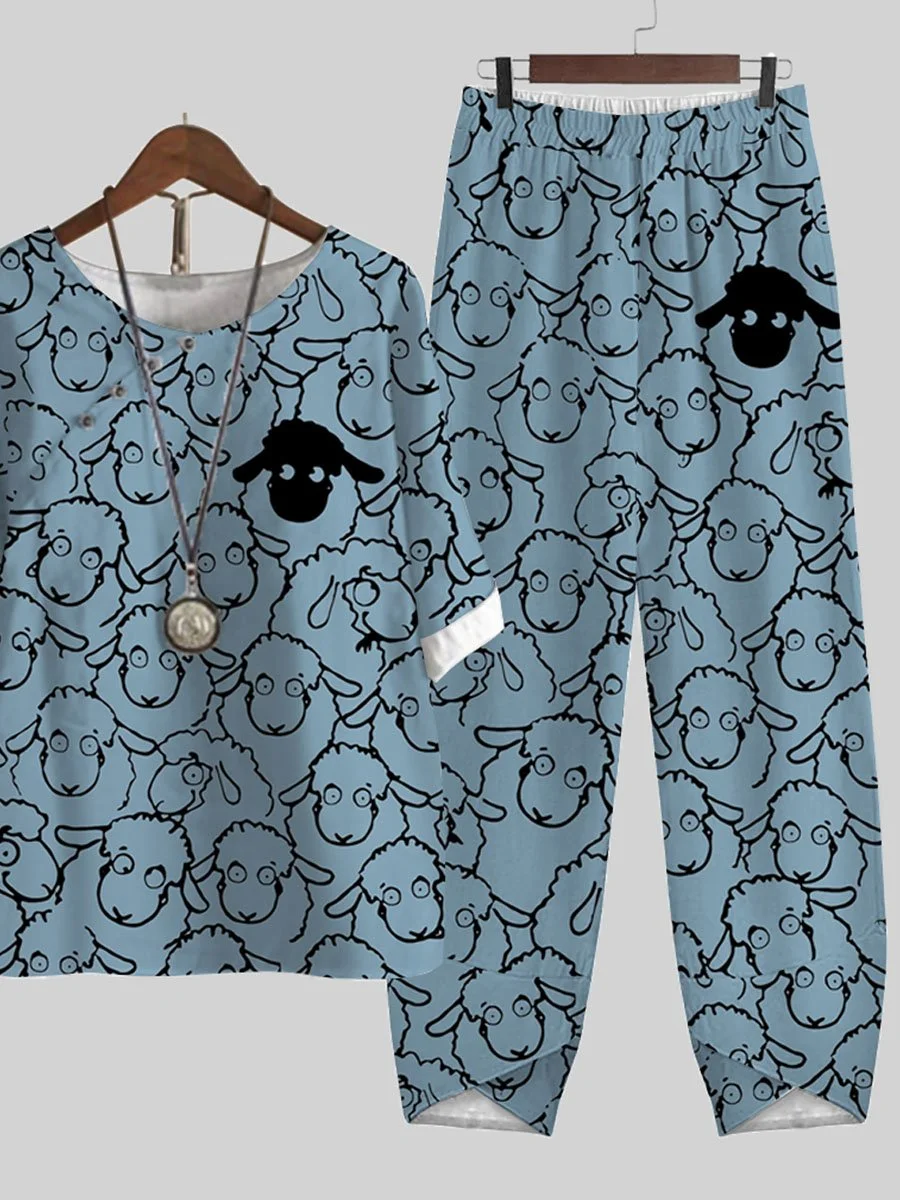 Lot Of Sheep Print Short-sleeved Top And Two-pocket Slacks Two-piece Suits