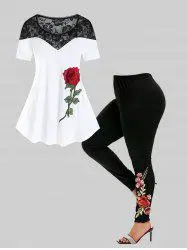 Lace Panel Rose Applique Colorblock Tee and High Waist Floral Print Leggings Plus Size Summer Outfit