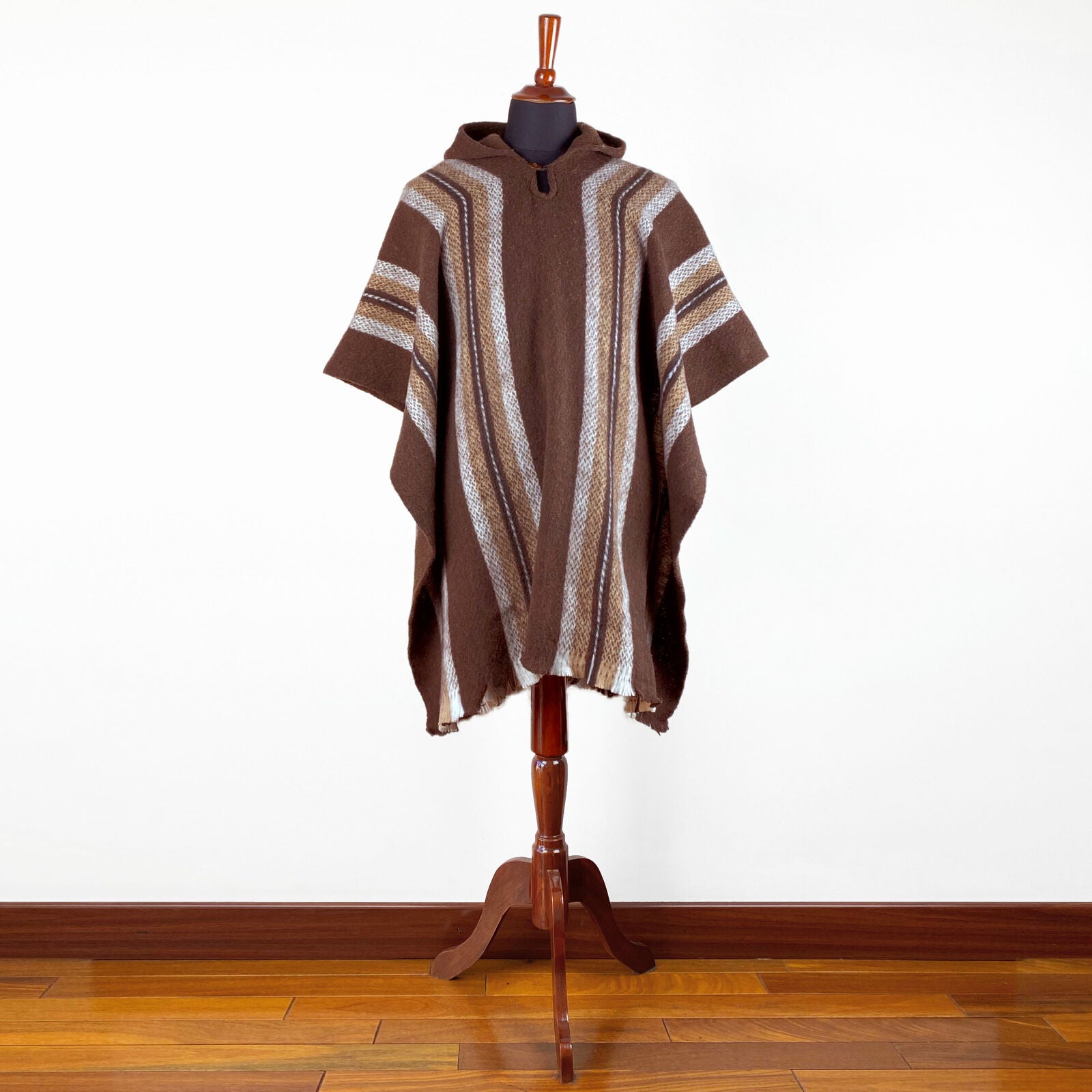 Unisex South American Handwoven Hooded Poncho Pullover - striped pattern brown