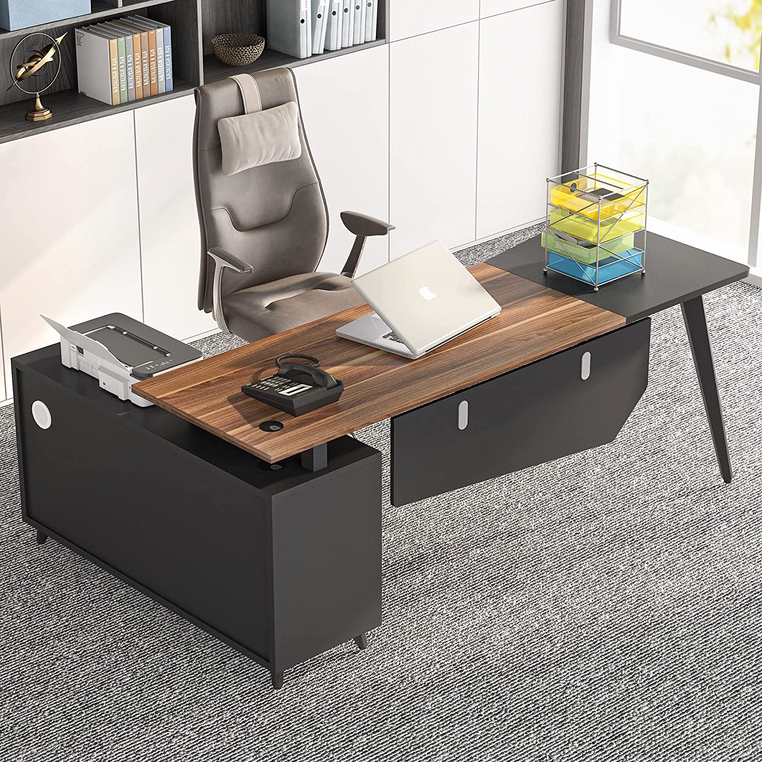 Industrial L-Shaped Desk, 78.74 Inch Executive Office Desk with File Cabinet