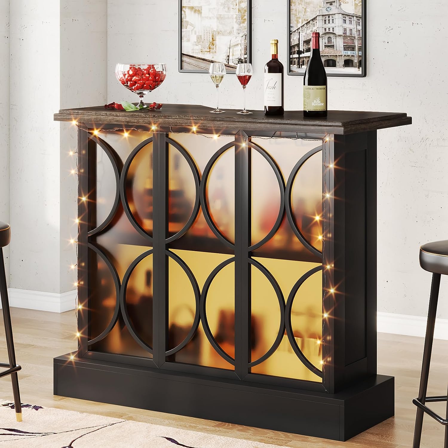 3-Tier Home Bar Unit, Liquor Bar Table with Glasses Holder & Acrylic Front