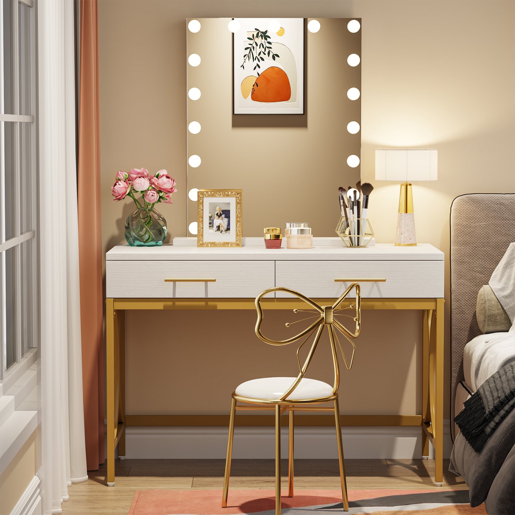 Modern Makeup Vanity, 2-Drawer Dressing Table with Lighted Mirror