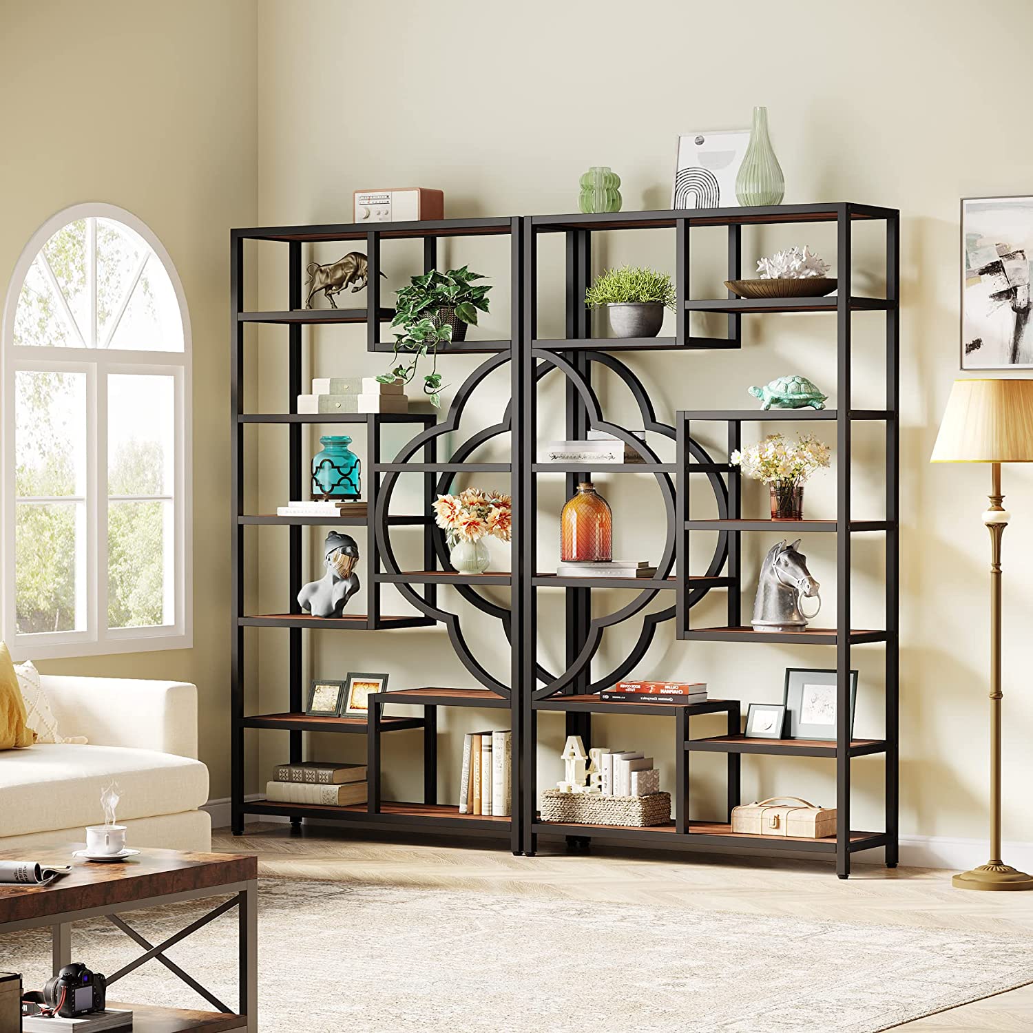 Industrial  Bookshelf, 11-Shelves Staggered Etagere 75” Tall Bookcase