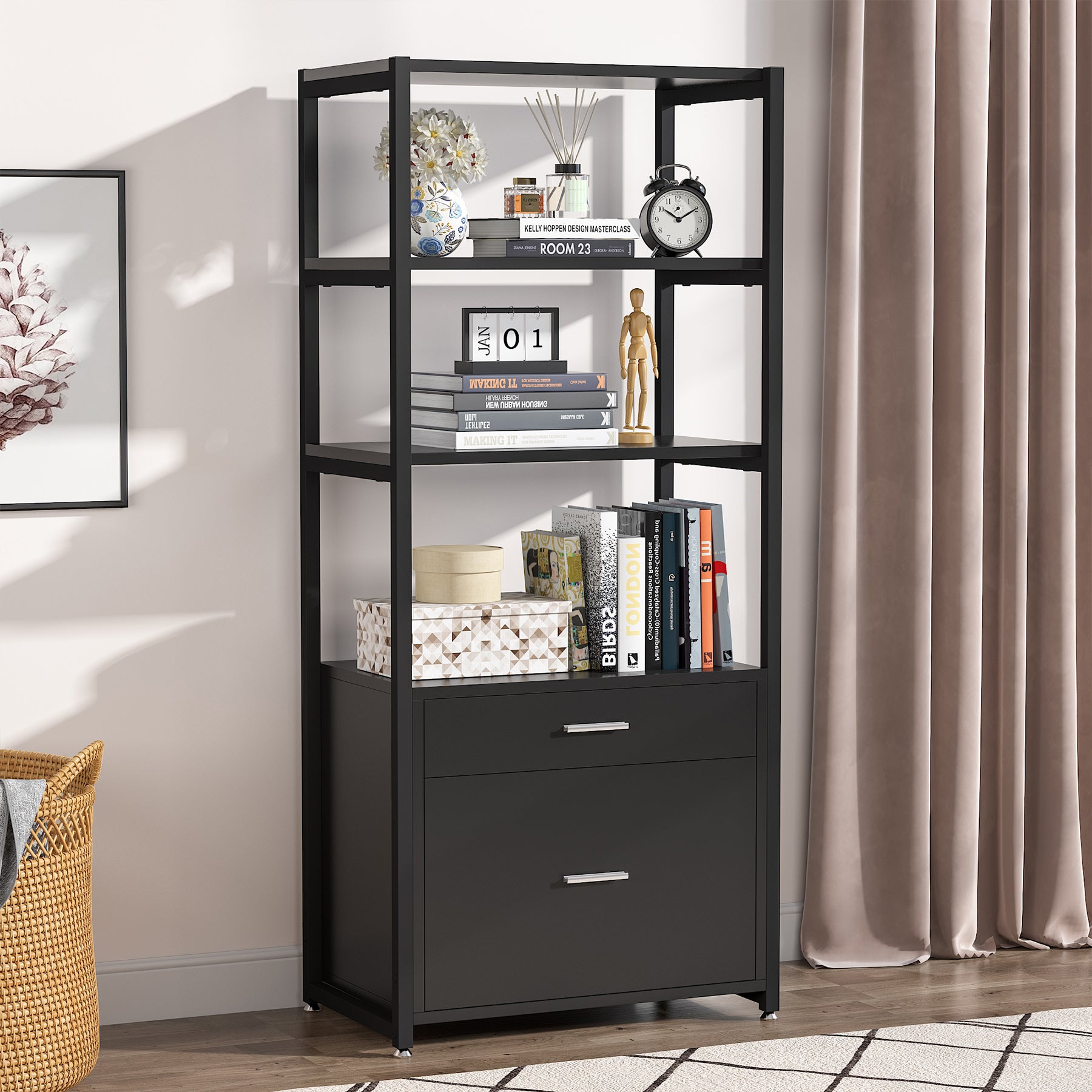 4-Tier File Cabinet, Modern Bookshelf with 2 Drawers