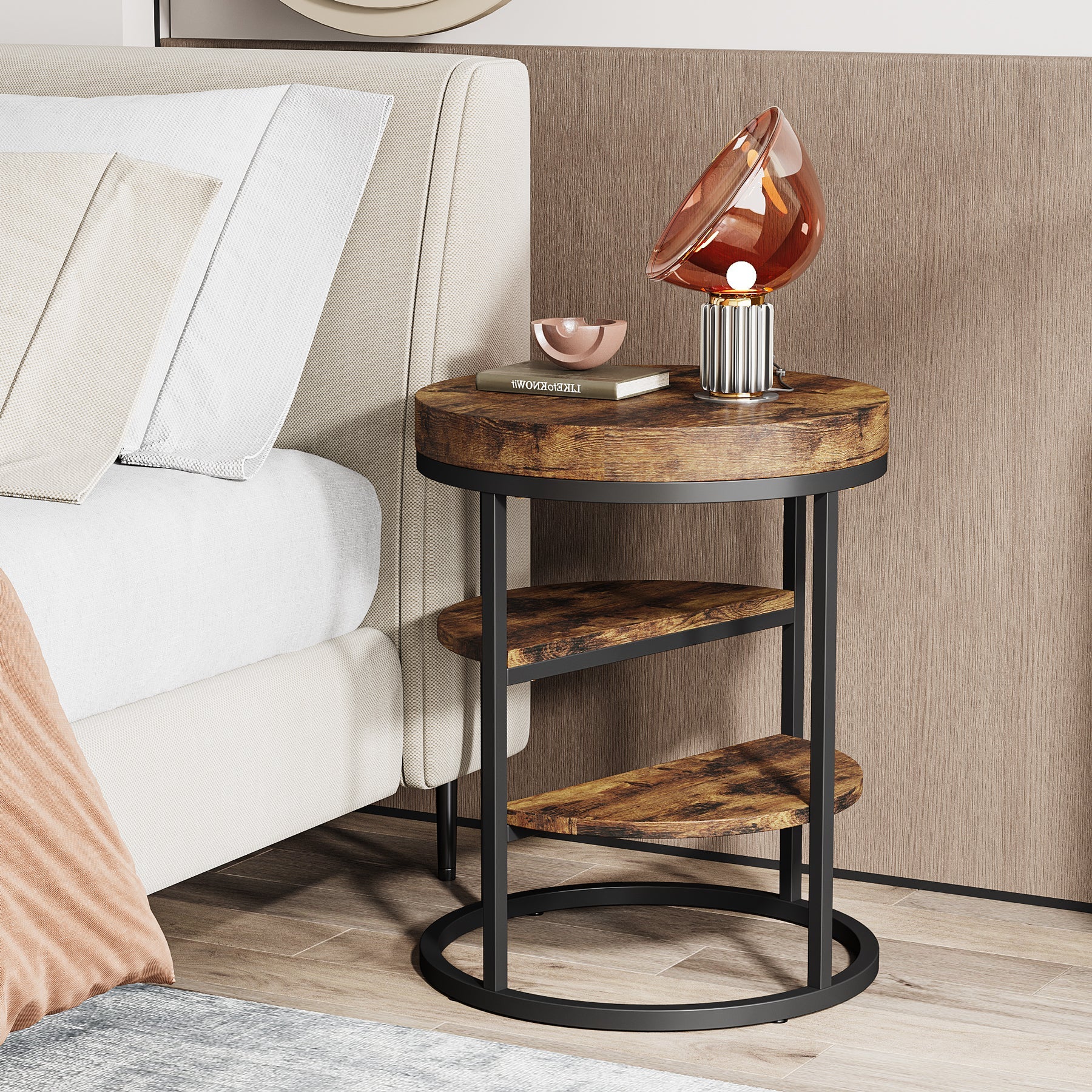 Round End Table, Small  Side Table Nightstand with 3-Tier Shelves