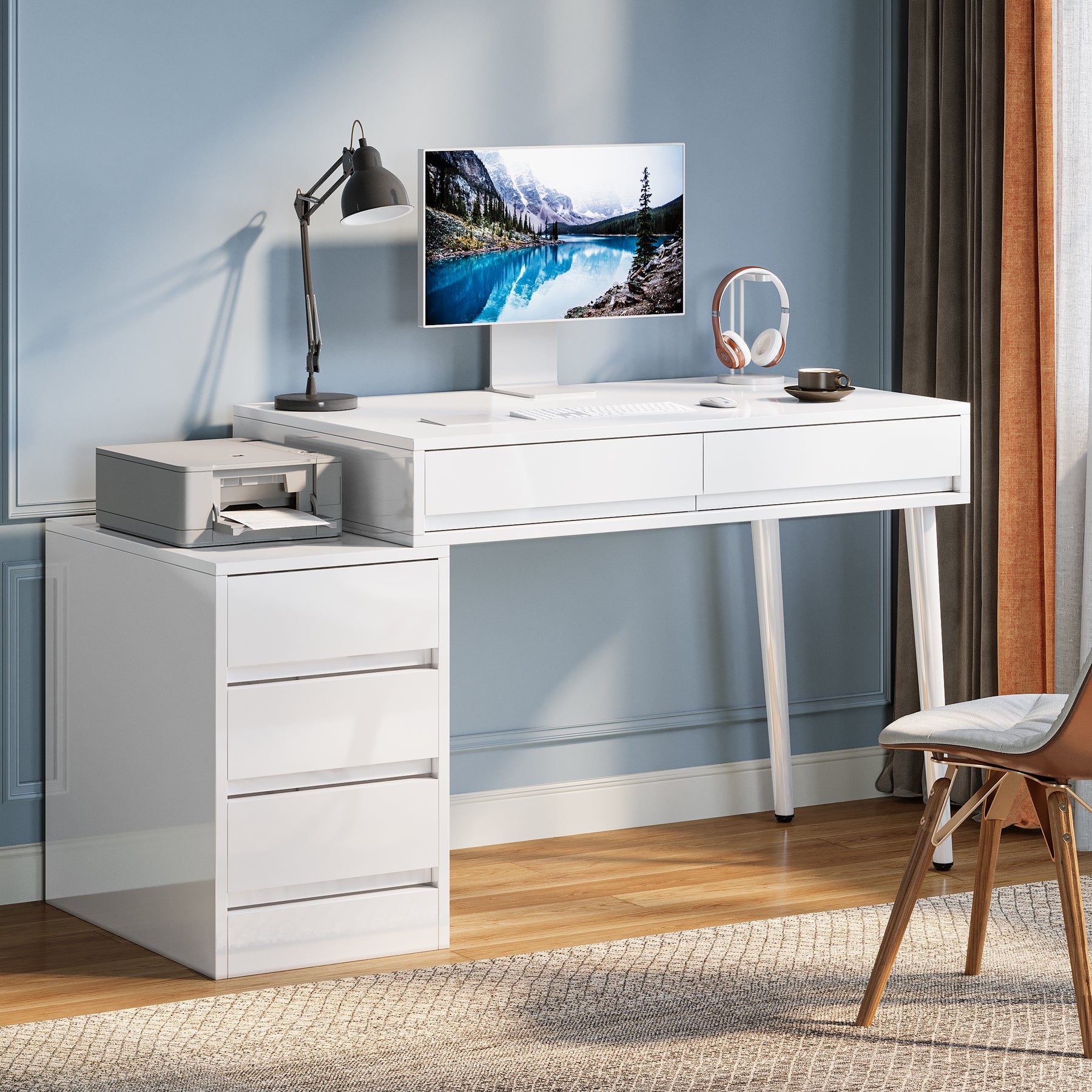 Modern Computer Desk Home Office Desk with 5 Storage Drawers