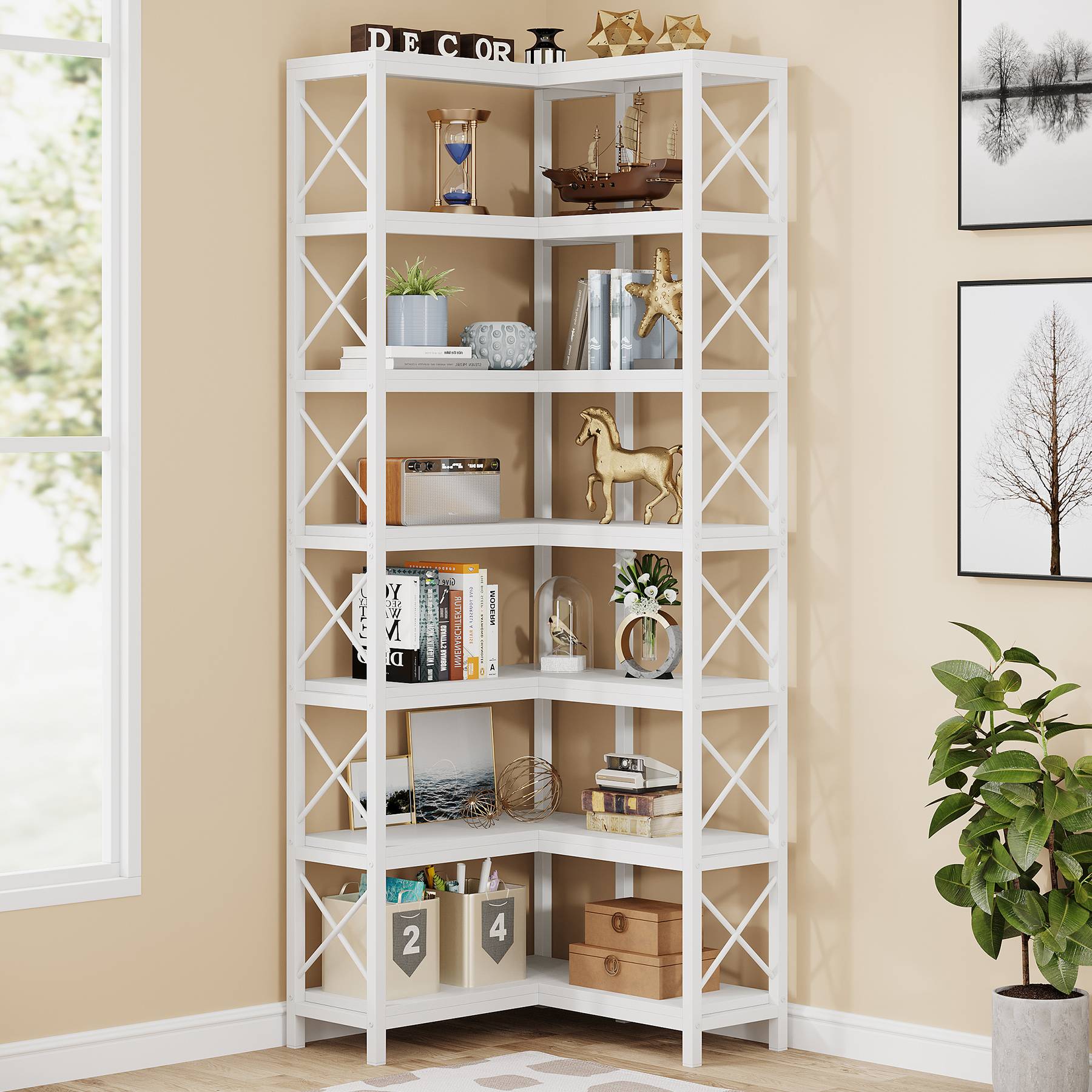 7-Tier Corner Bookshelf Corner Bookcase Storage Display Rack