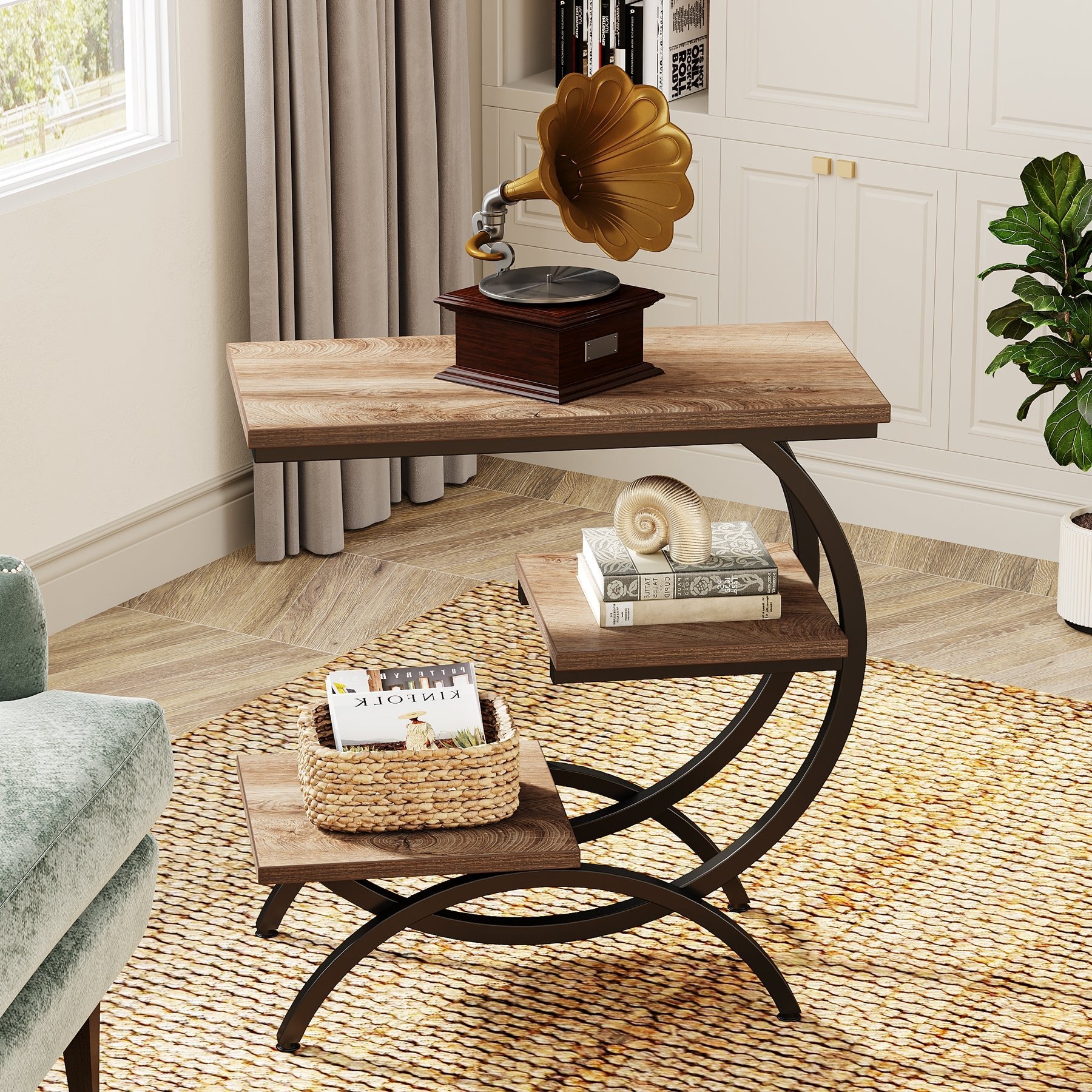 C-Shaped End Table, Industrial 3-Tier Side Table for Small Space