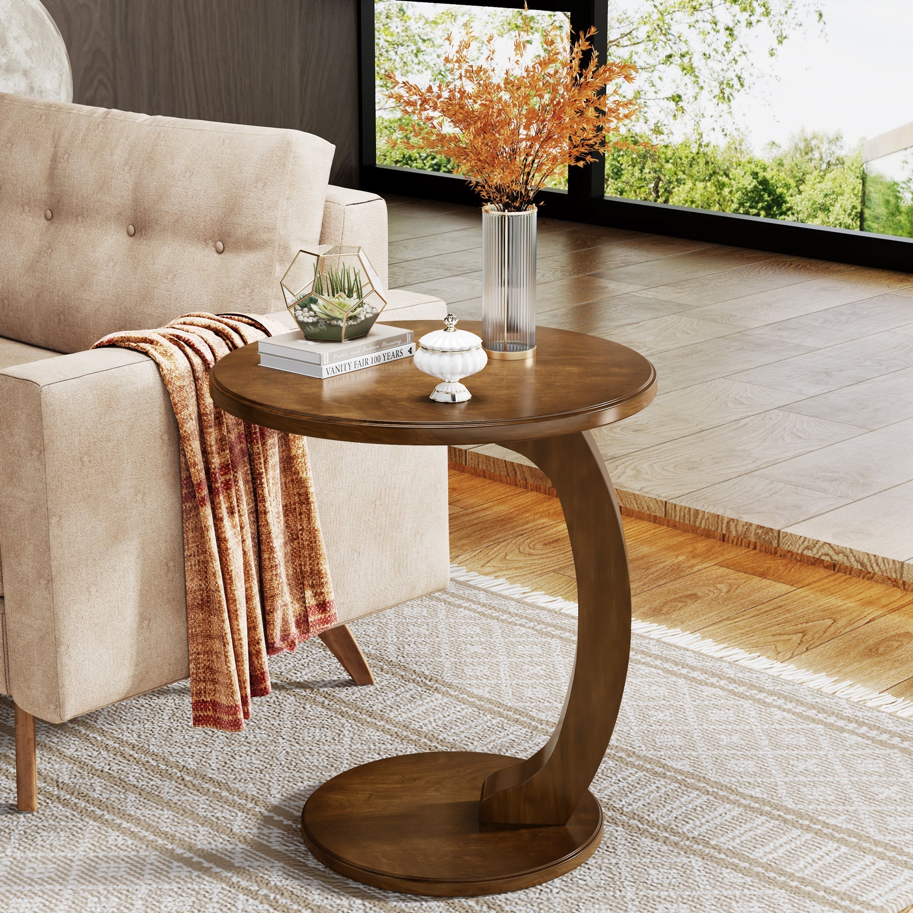 C-Shaped End Table, Round Solid Wood Side Table for Living Room