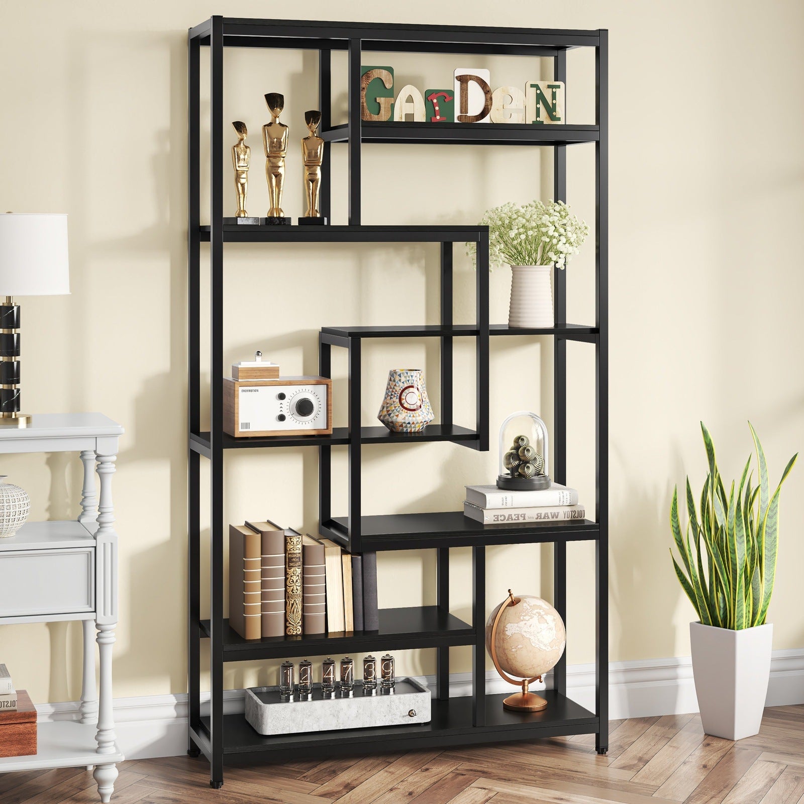 8-Shelf Staggered Bookshelf,  Industrial Etagere Bookcase