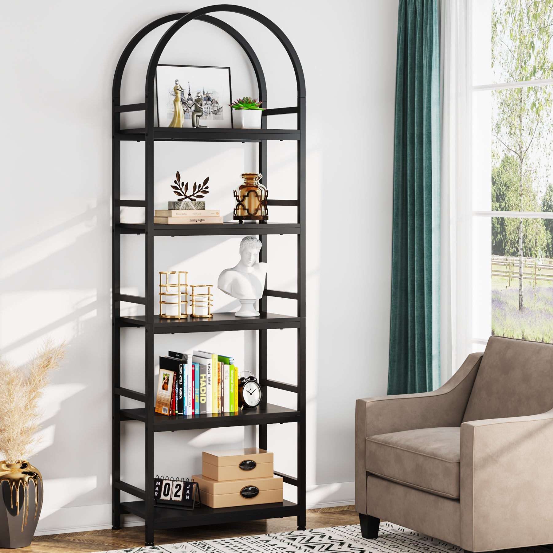 4-Tier / 5-Tier Bookshelf, Arched Bookcase Display Rack with Storage Shelves