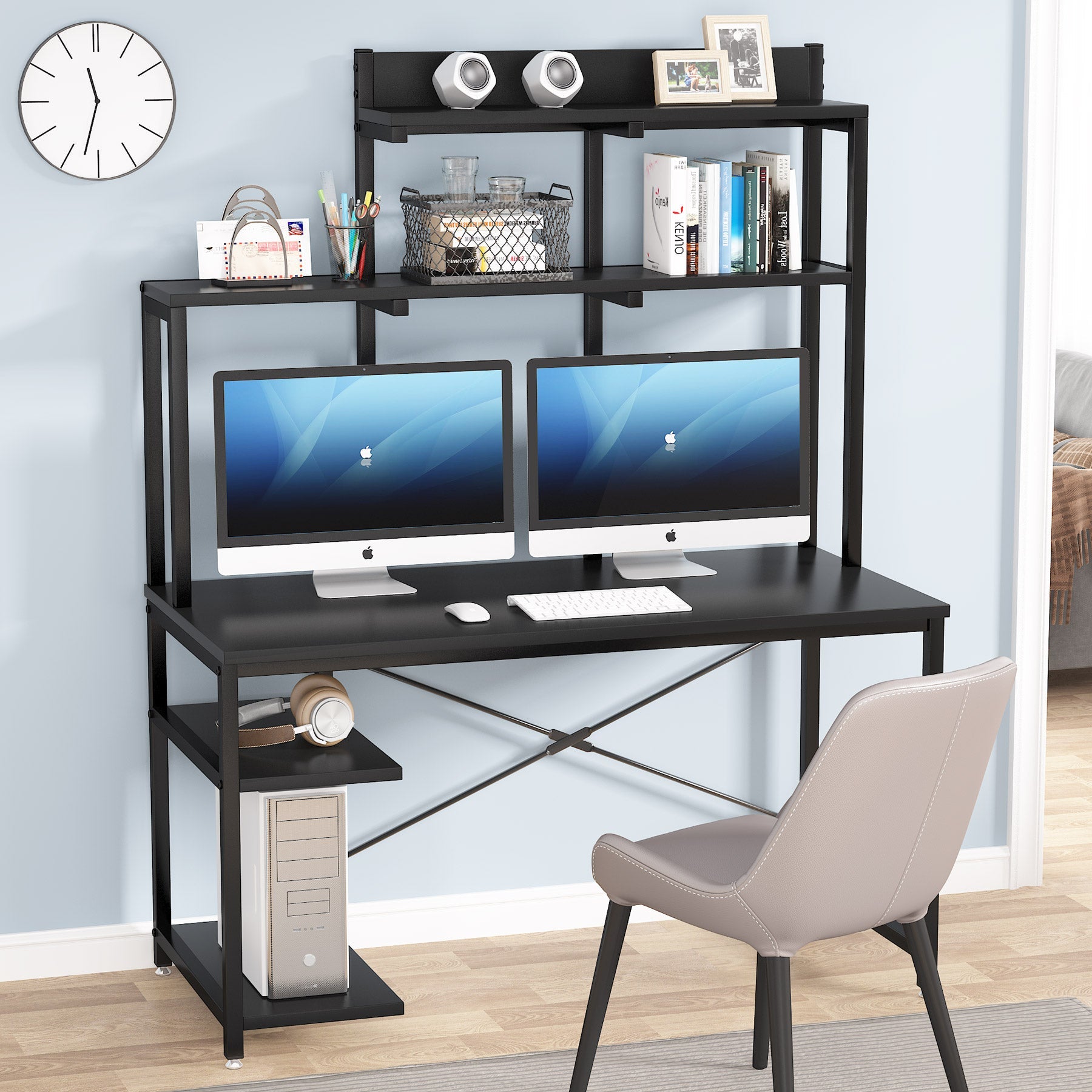 Black Computer Desk, Home Office Desk with Shelves and Hutch